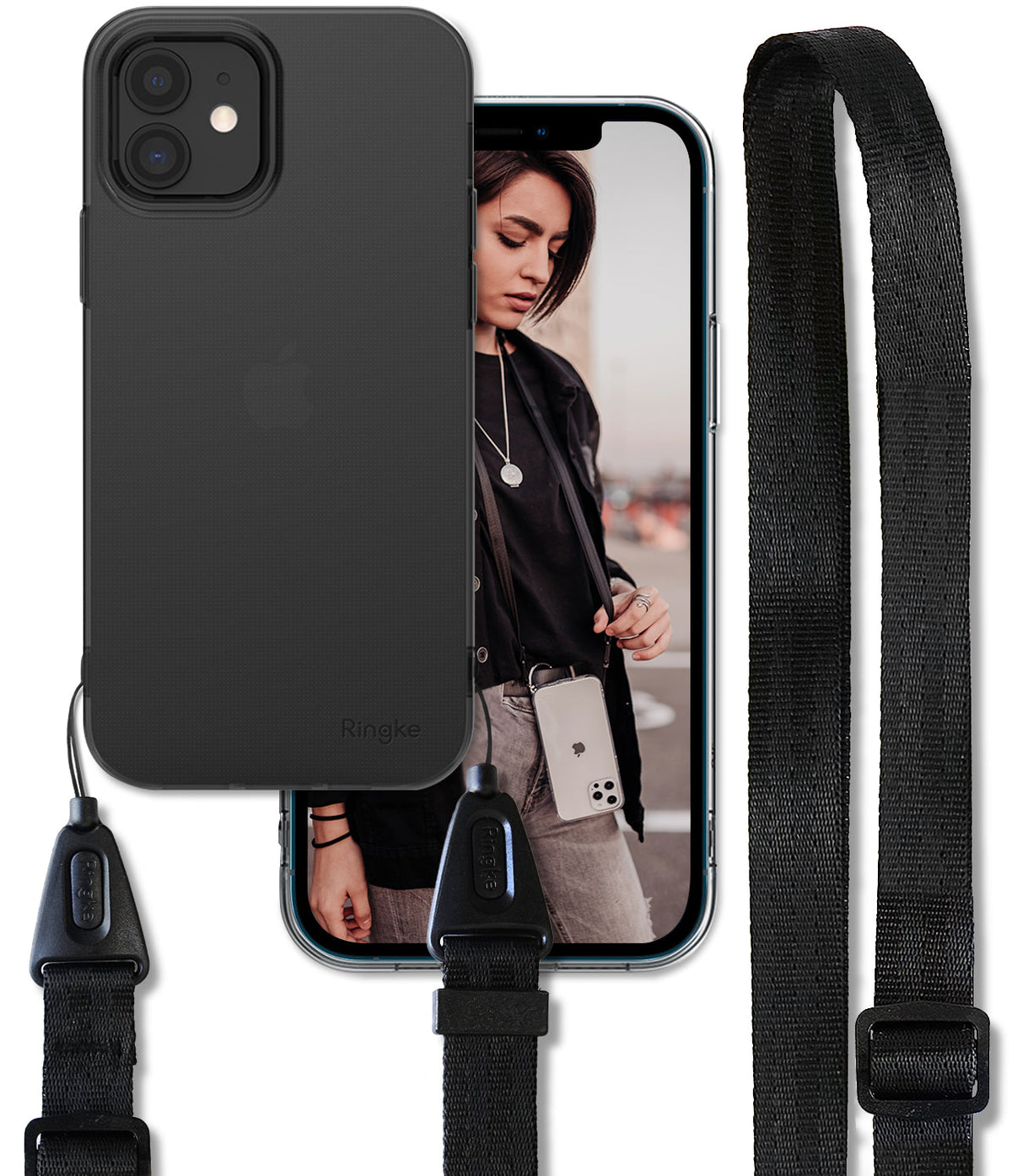 iPhone 12 Mini Case | Air + Shoulder Strap - Matte black phone case with a detachable black shoulder strap.