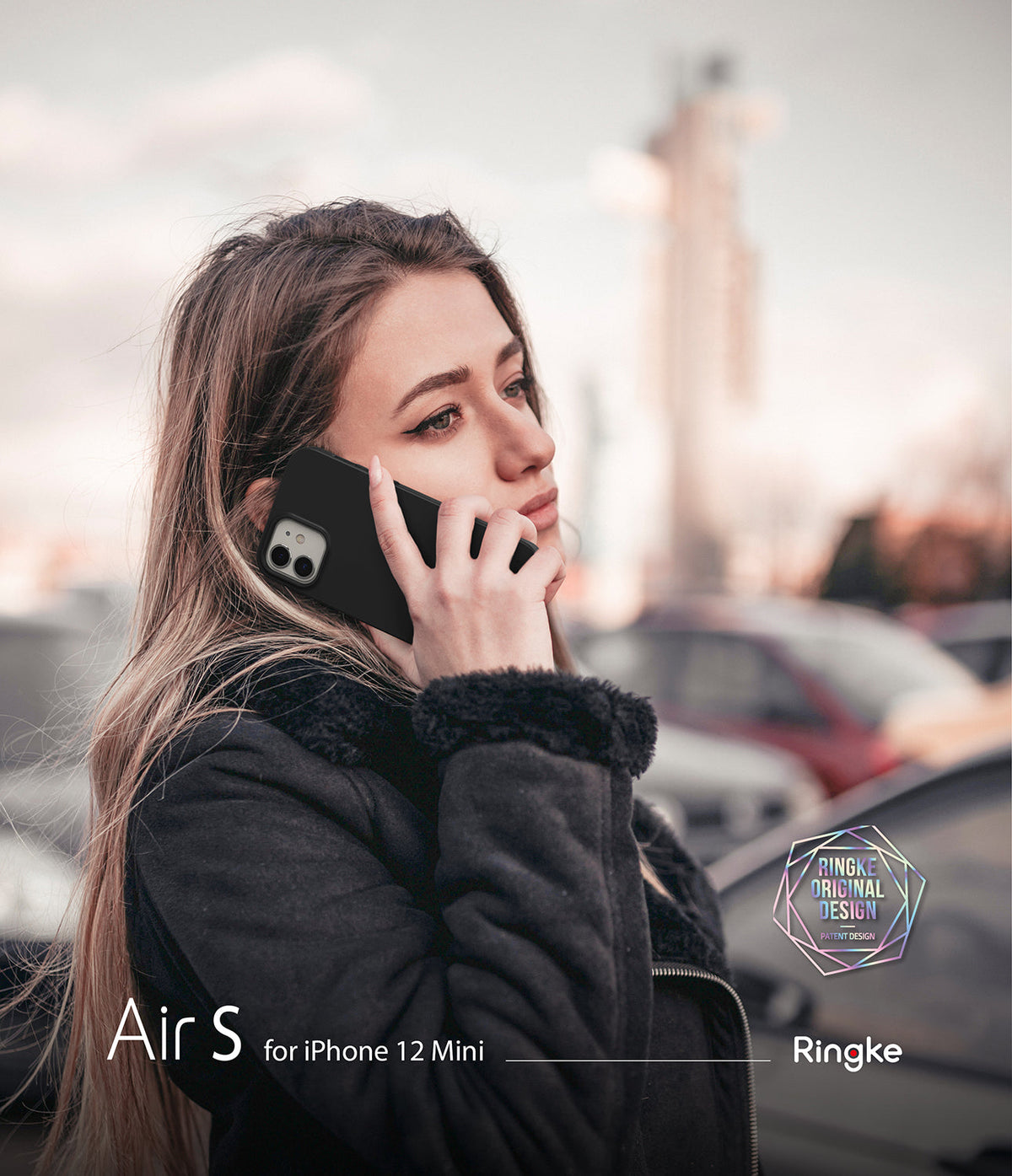 iPhone 12 Mini Case | Air-S - Woman talking on an iPhone 12 Mini with a black Air-S case in an outdoor urban setting.