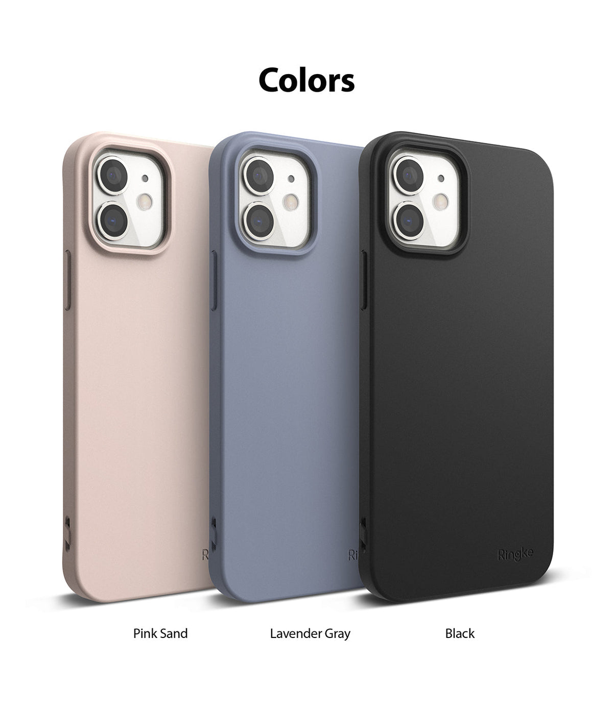 iPhone 12 Mini Case | Air-S - Three iPhone 12 Mini cases in pink sand, lavender gray, and black arranged side-by-side.
