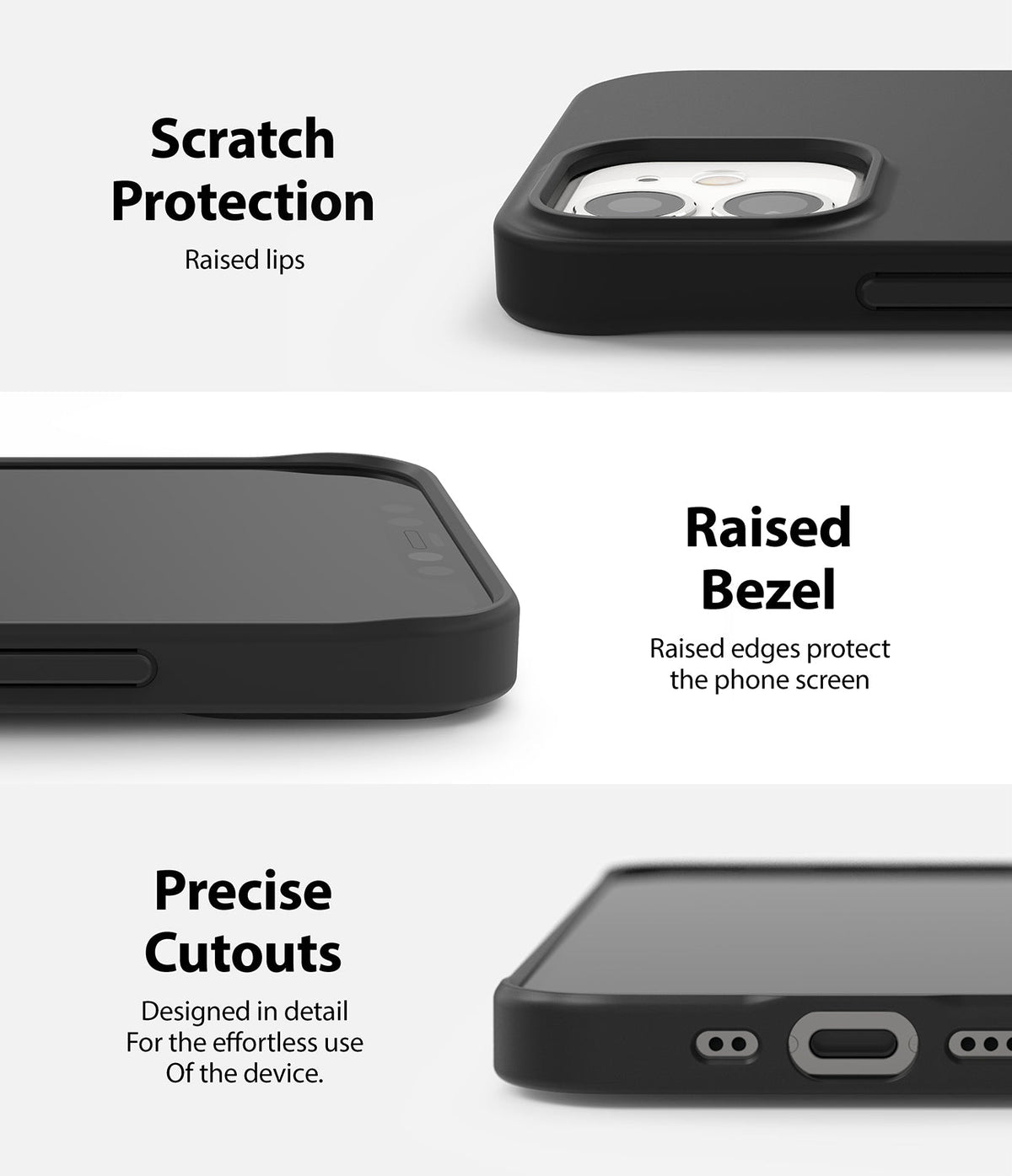 iPhone 12 Mini Case | Air-S - Three close-up views showing raised camera protection, screen bezels, and precise port cutouts.