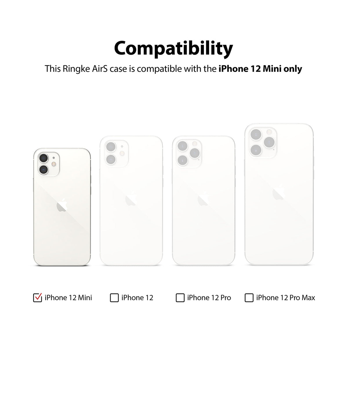 iPhone 12 Mini Case | Air-S - Compatibility chart showing iPhone 12 Mini checked and three other iPhone 12 models unchecked.