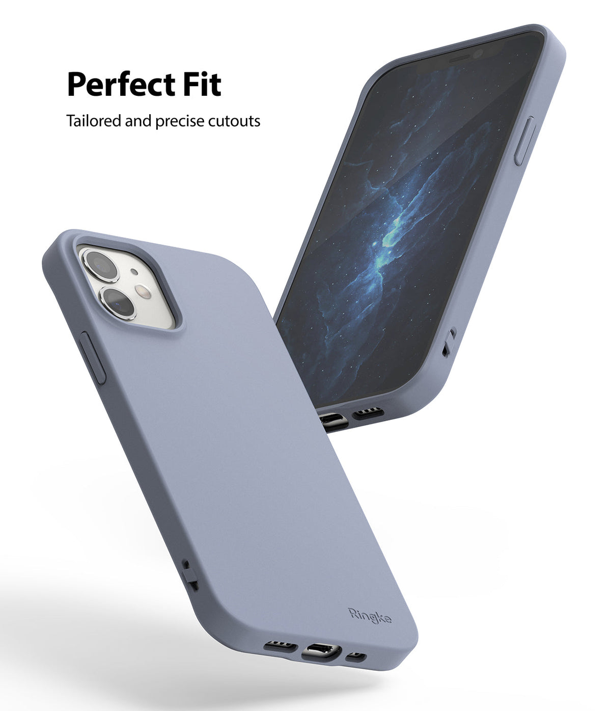 iPhone 12 Mini Case | Air-S - Two views of a light blue iPhone 12 Mini case showing precise cutouts and a slim fit.