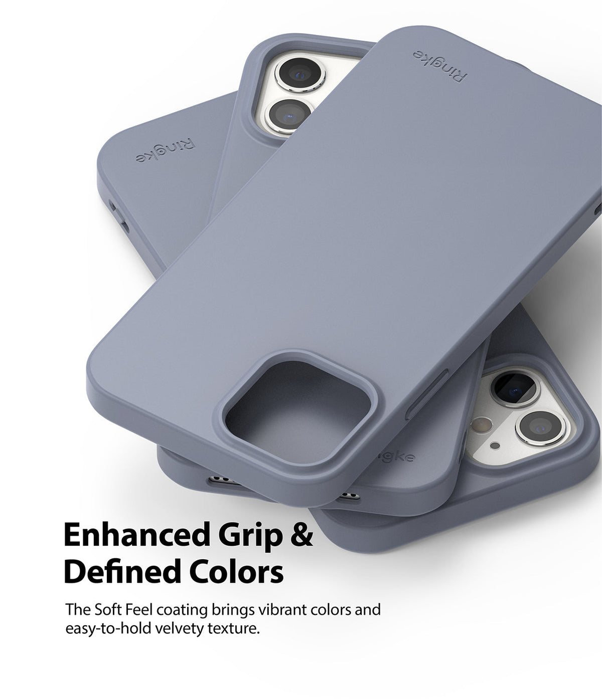 iPhone 12 Mini Case | Air-S - Three matte lavender iPhone 12 Mini cases stacked, showing camera cutouts and Ringke branding.