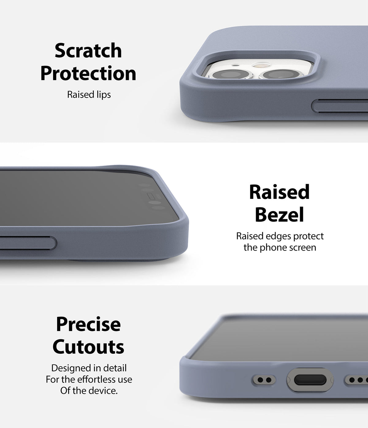 iPhone 12 Mini Case | Air-S - Close-ups showing raised camera lips, screen bezels, and precise port cutouts on a blue case.