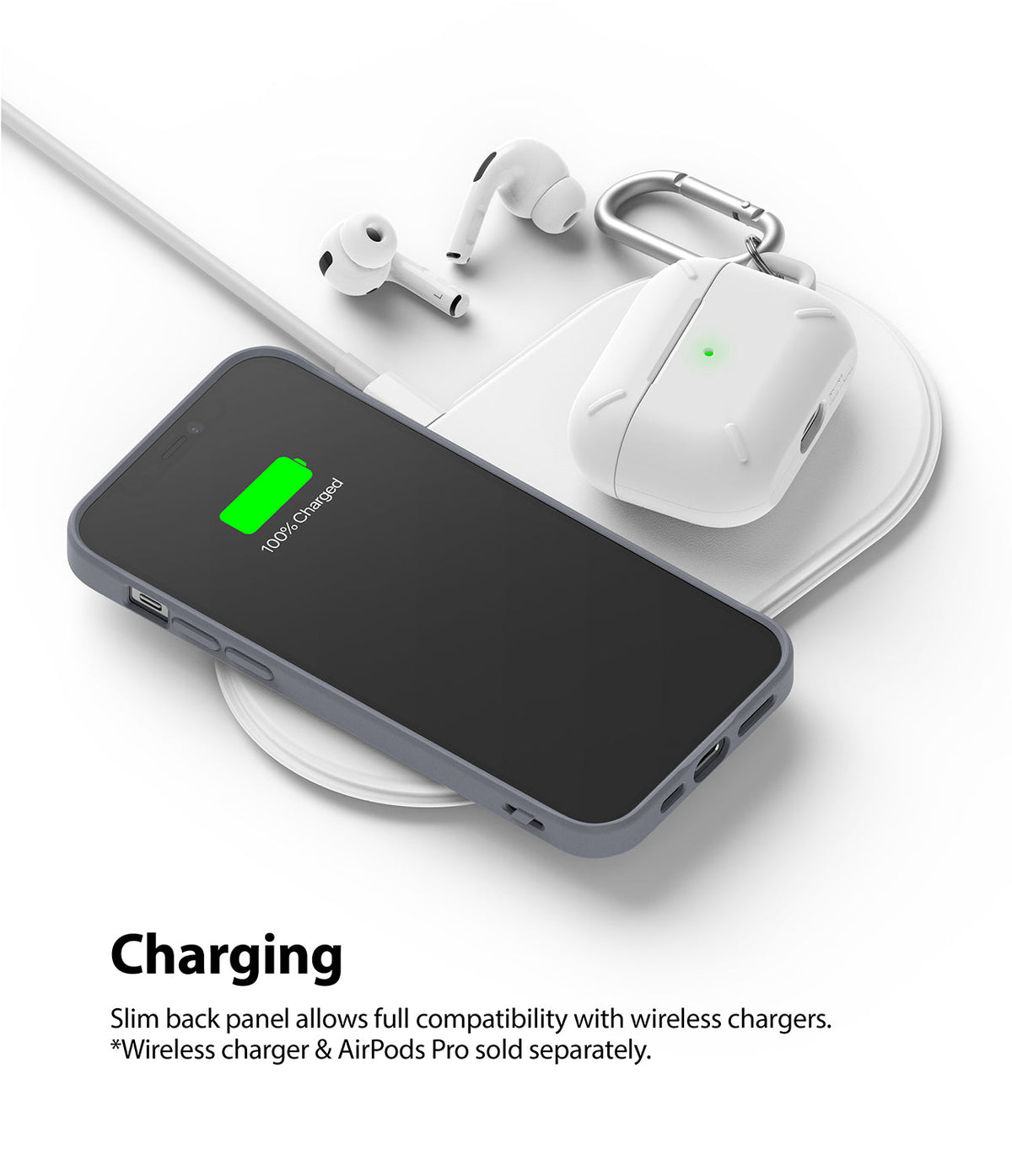 iPhone 12 Mini Case | Air-S - A grey phone case and white AirPods case charging wirelessly on a white charging pad.