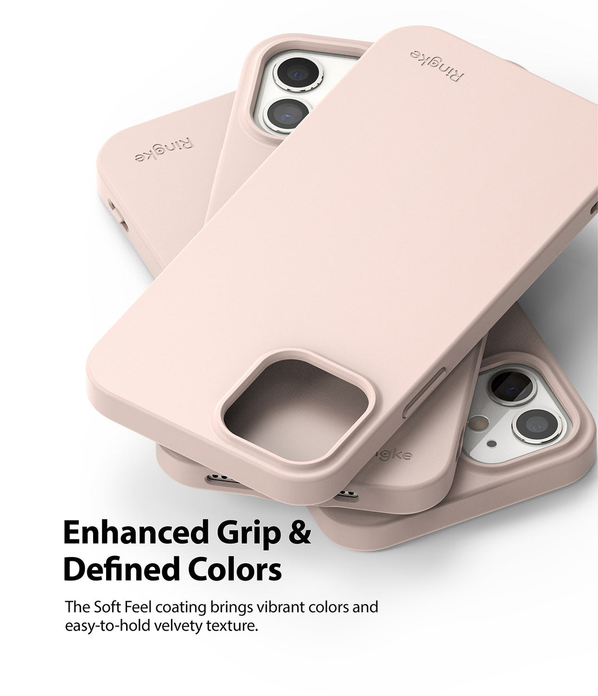iPhone 12 Mini Case | Air-S - Three matte, light pink Ringke phone cases stacked against a white background.