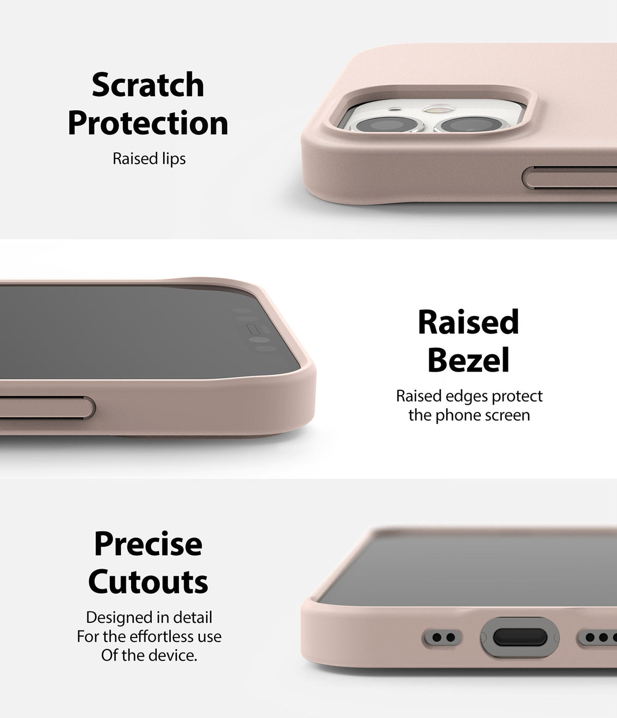 iPhone 12 Mini Case | Air-S - Close-ups of a pink phone case showing raised camera protection, screen bezels, and precise port cutouts.