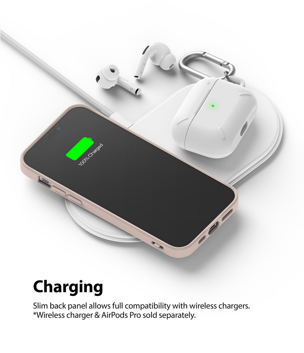 iPhone 12 Mini Case | Air-S - iPhone 12 Mini in a slim case and AirPods Pro charging wirelessly on a white charging pad.