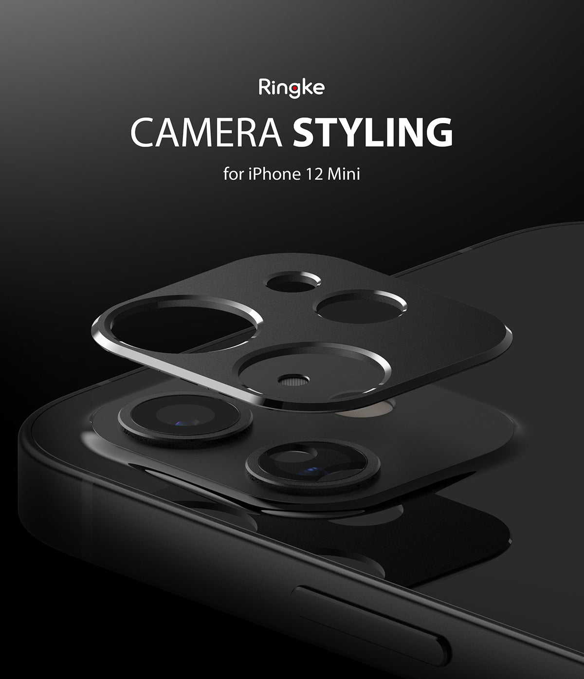 iPhone 12 Mini | Camera Styling - Black metal camera lens protector hovering above an iPhone 12 Mini camera module.