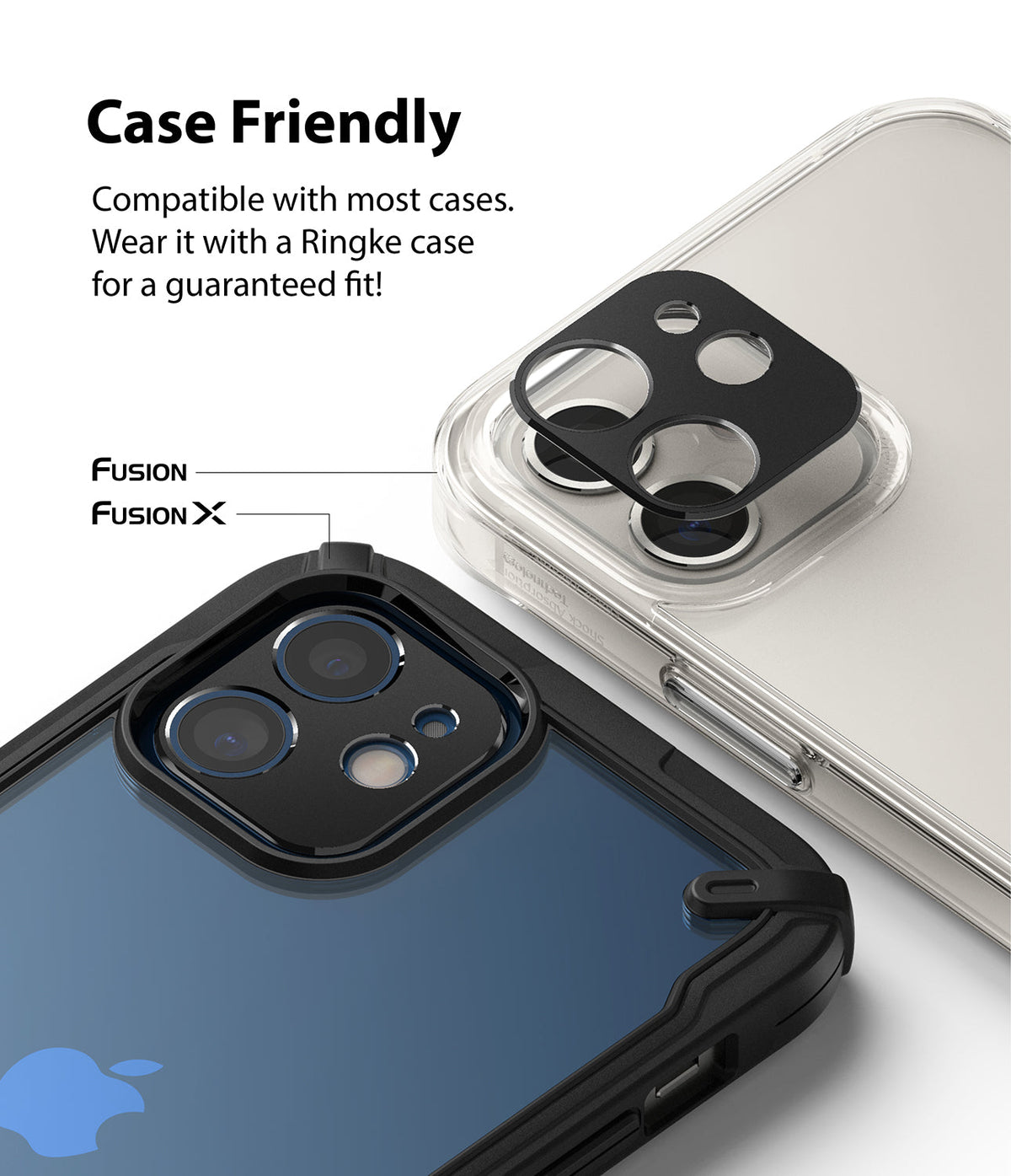 iPhone 12 Mini | Camera Styling - Black camera lens protector hovering over a clear phone case and a Fusion X case.