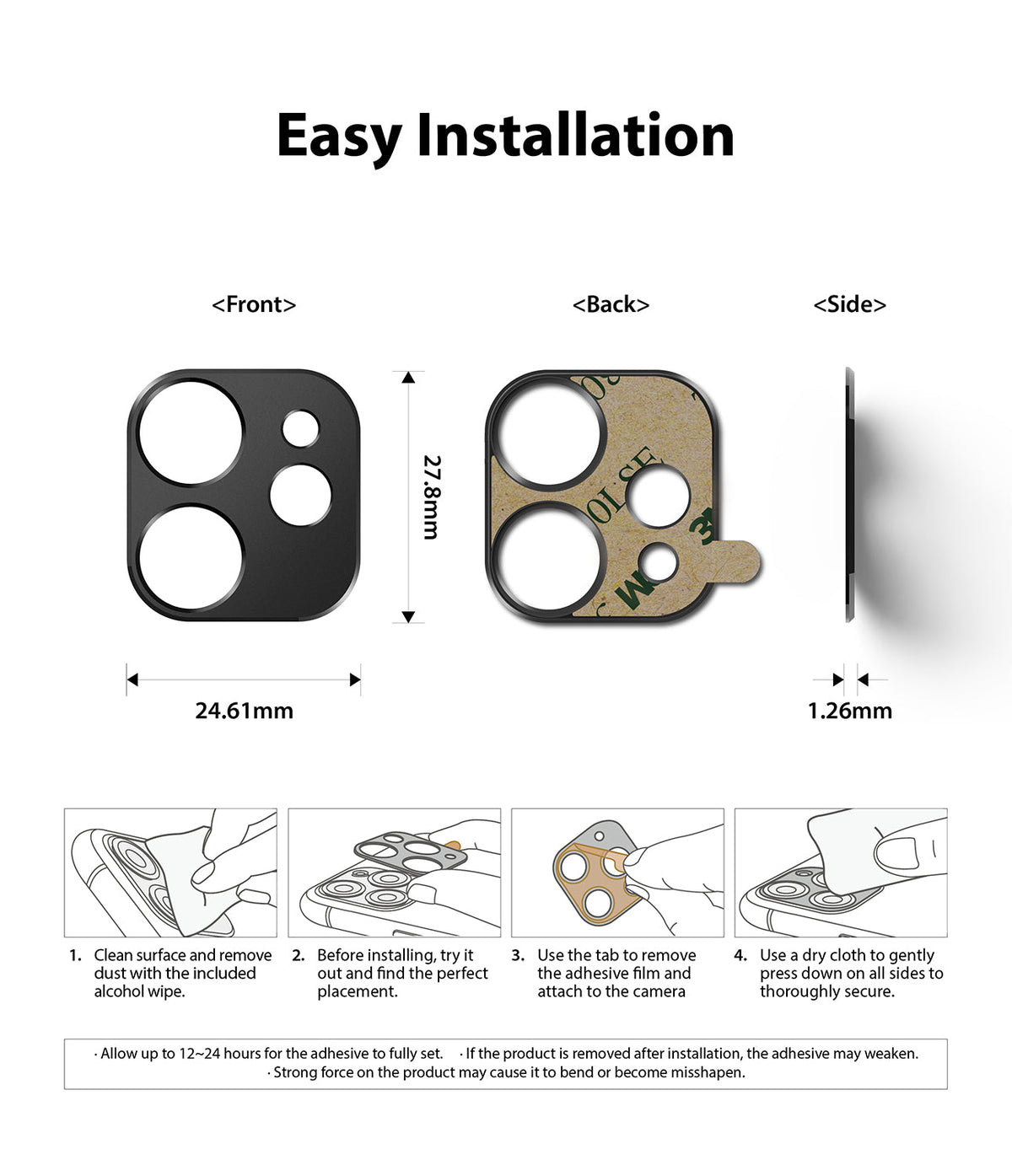 iPhone 12 Mini | Camera Styling - Technical diagrams and four-step instructions for installing a camera lens protector.