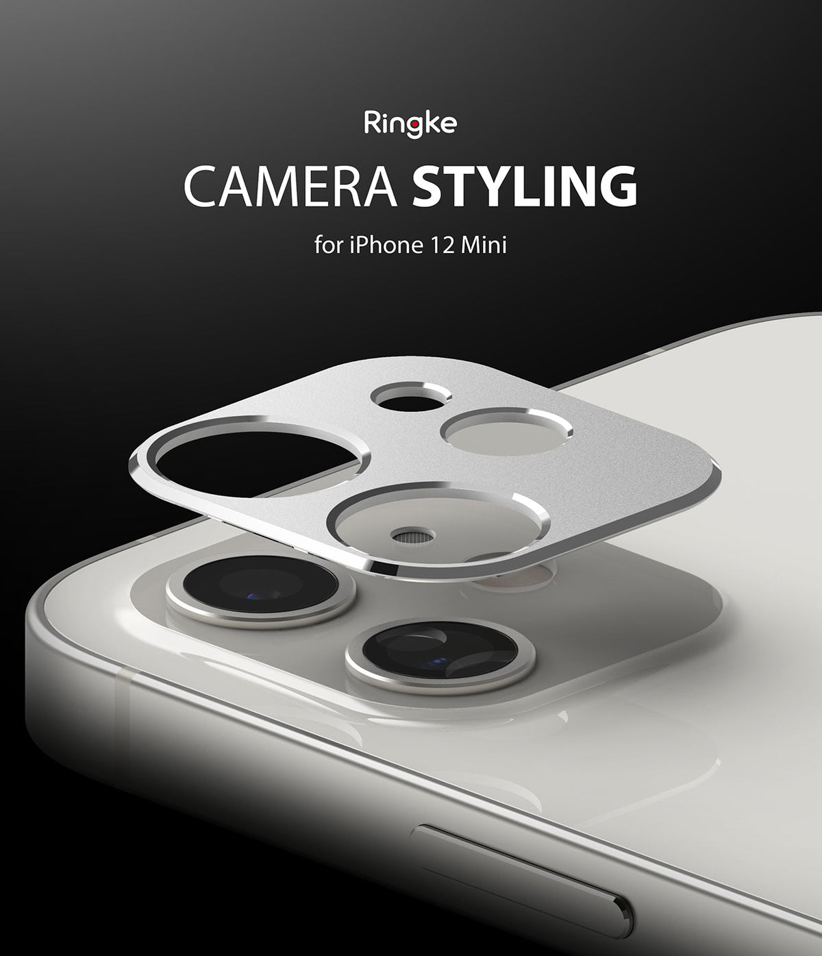 iPhone 12 Mini | Camera Styling - Silver metal camera lens protector hovering above an iPhone 12 Mini camera module.
