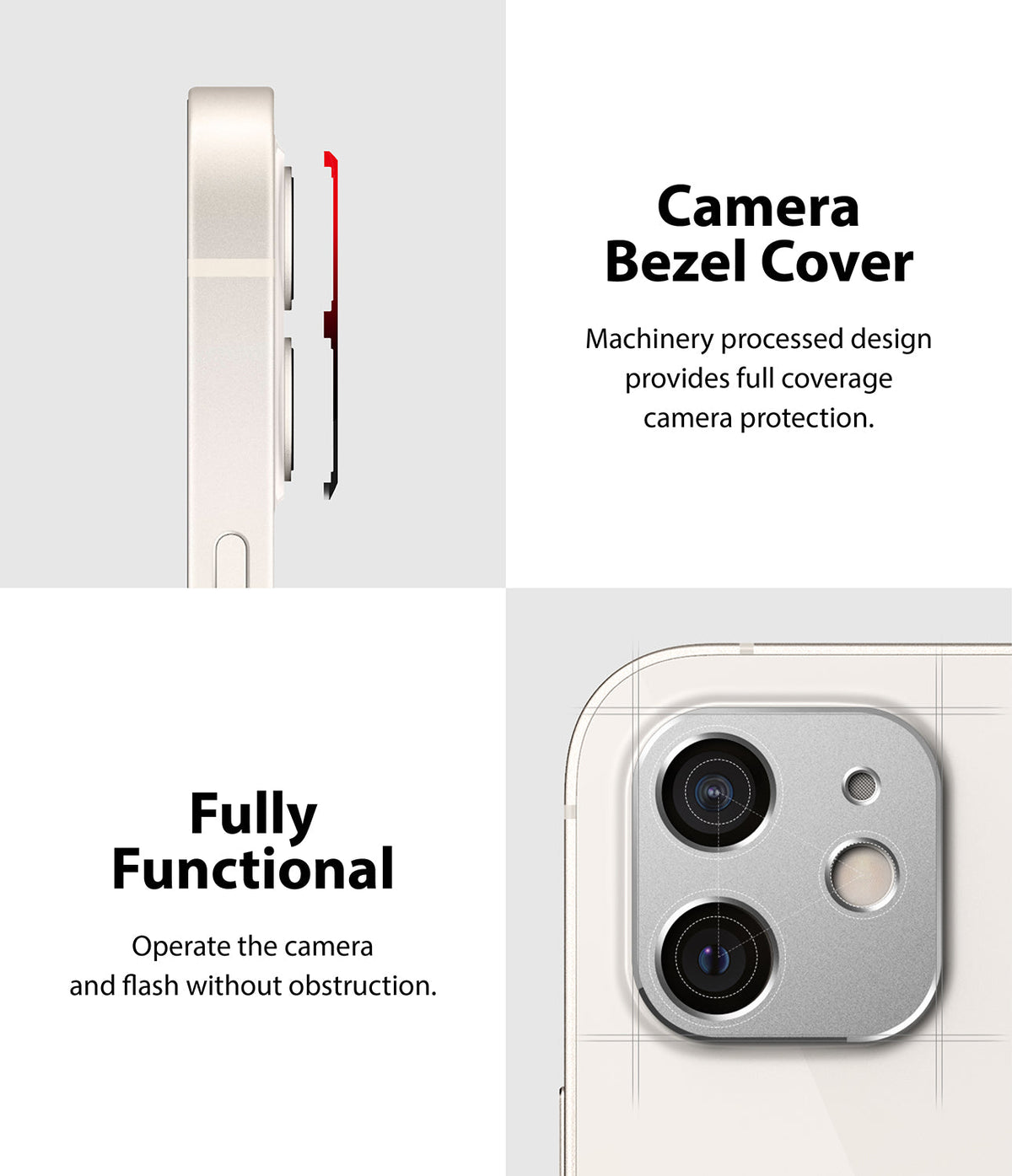 iPhone 12 Mini | Camera Styling - Side view of camera cover installation and top-down view of the installed bezel on a phone.