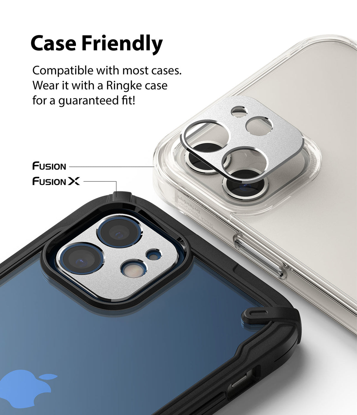 iPhone 12 Mini | Camera Styling - Metal camera lens cover being applied to an iPhone 12 Mini inside a protective case.