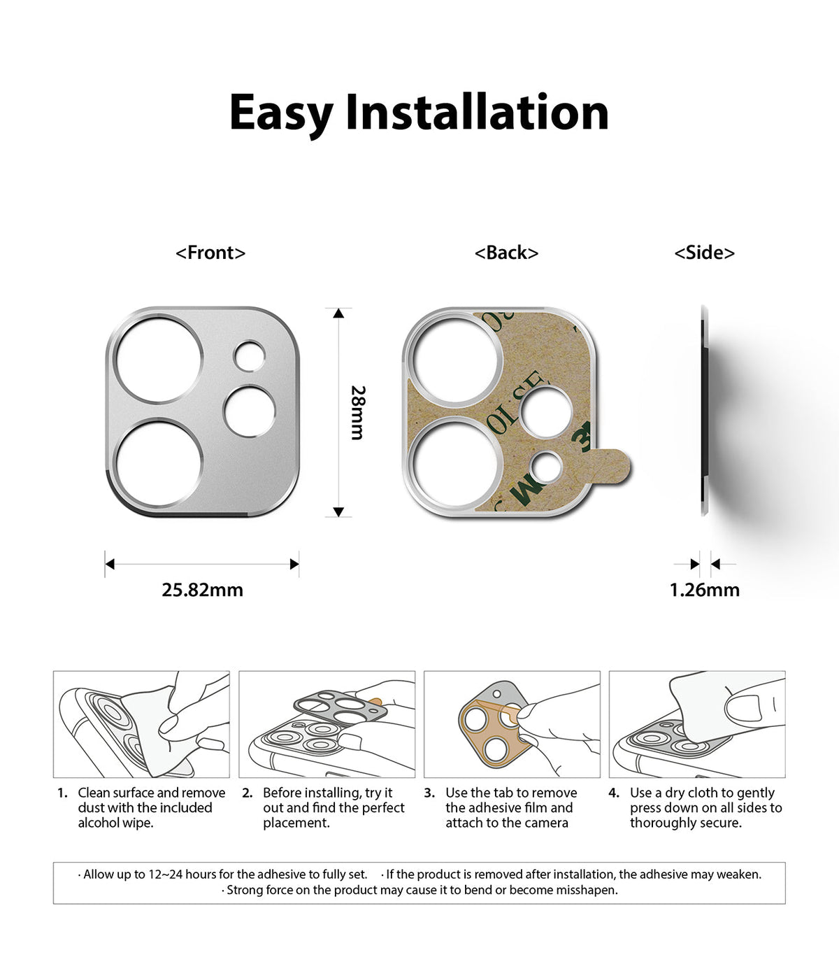 iPhone 12 Mini | Camera Styling - Technical diagram showing dimensions and four-step installation guide for a camera lens protector.