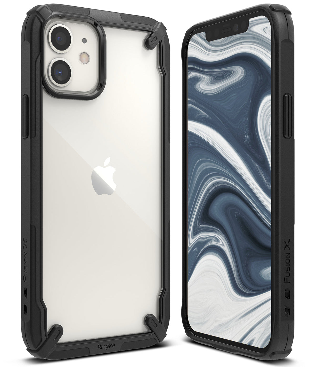 iPhone 12 Mini Case | Fusion-X - Black rugged protective case with clear back and marble-patterned screen on an iPhone 12 Mini.