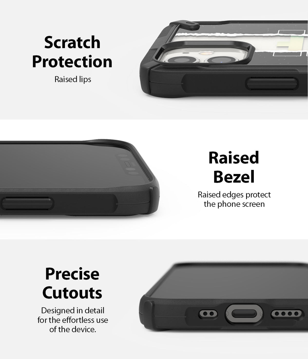 iPhone 12 Mini Case | Fusion-X Design - Close-ups showing raised camera lips, screen bezels, and precise port cutouts.