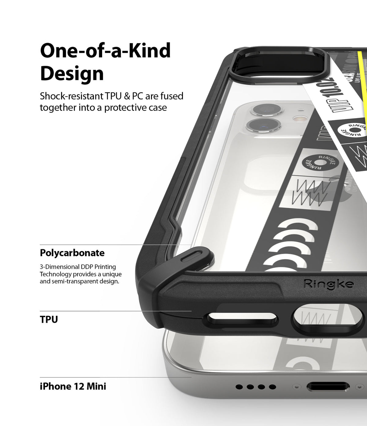 iPhone 12 Mini Case | Fusion-X Design - Close-up of a black, shock-resistant phone case with a clear back and TPU frame.