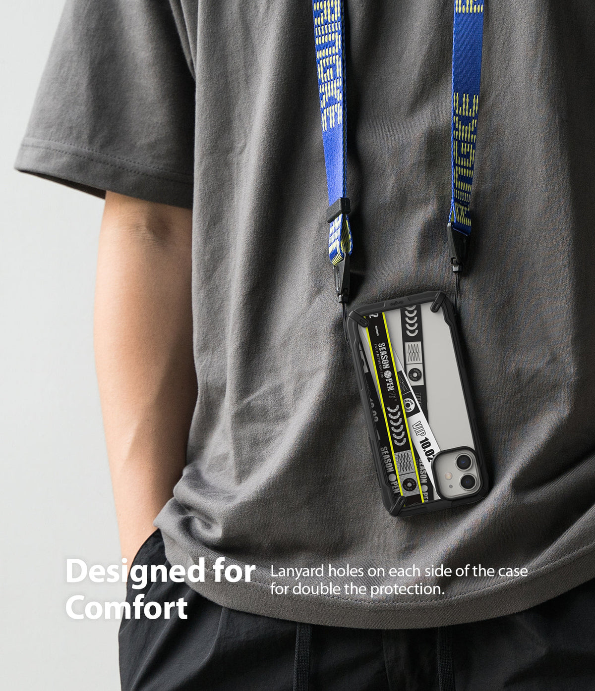 iPhone 12 Mini Case | Fusion-X Design - Person wearing a phone case with a blue lanyard and graphic insert.