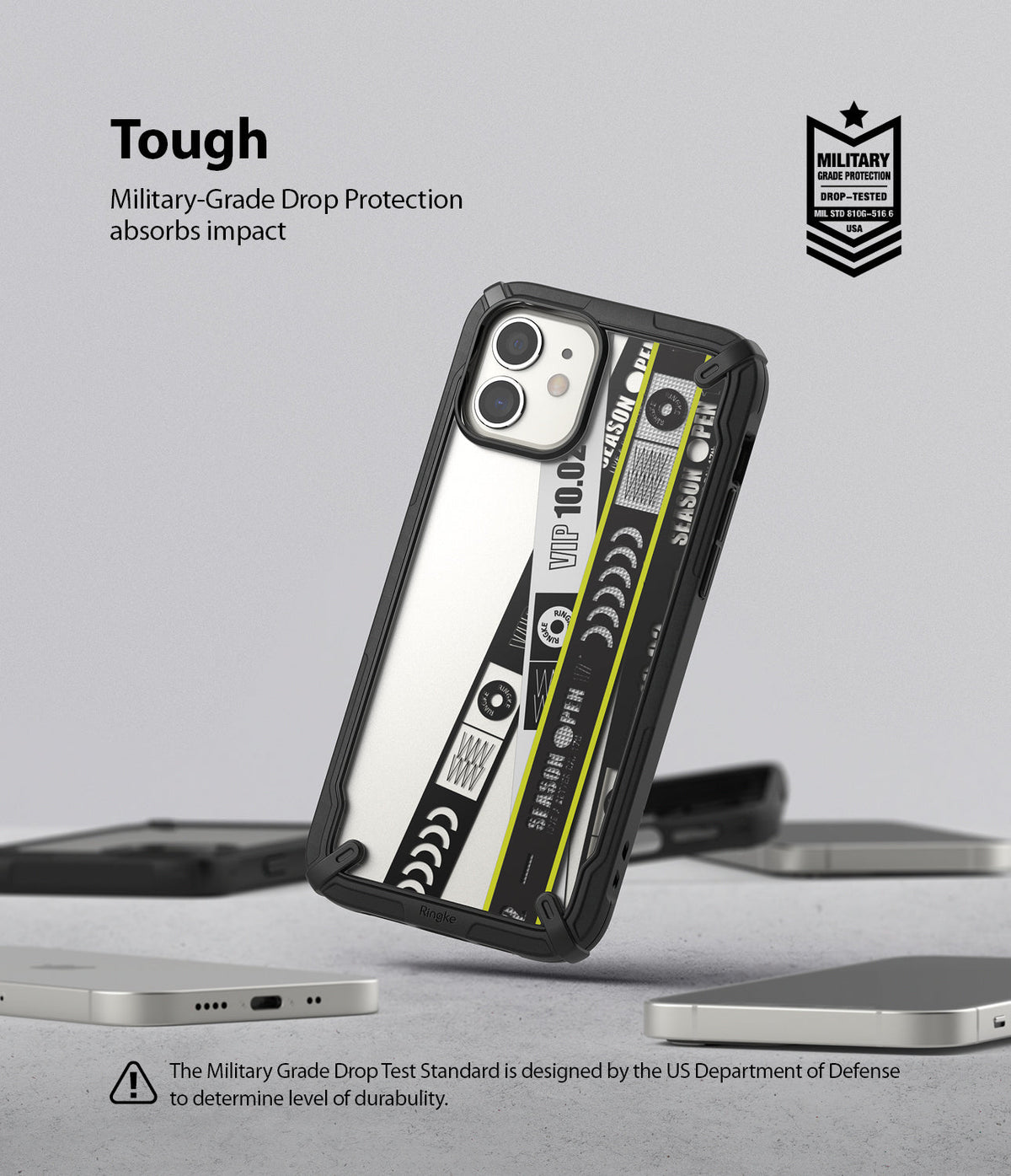 iPhone 12 Mini Case | Fusion-X Design - Black protective phone case with a graphic cassette tape design on a light background.