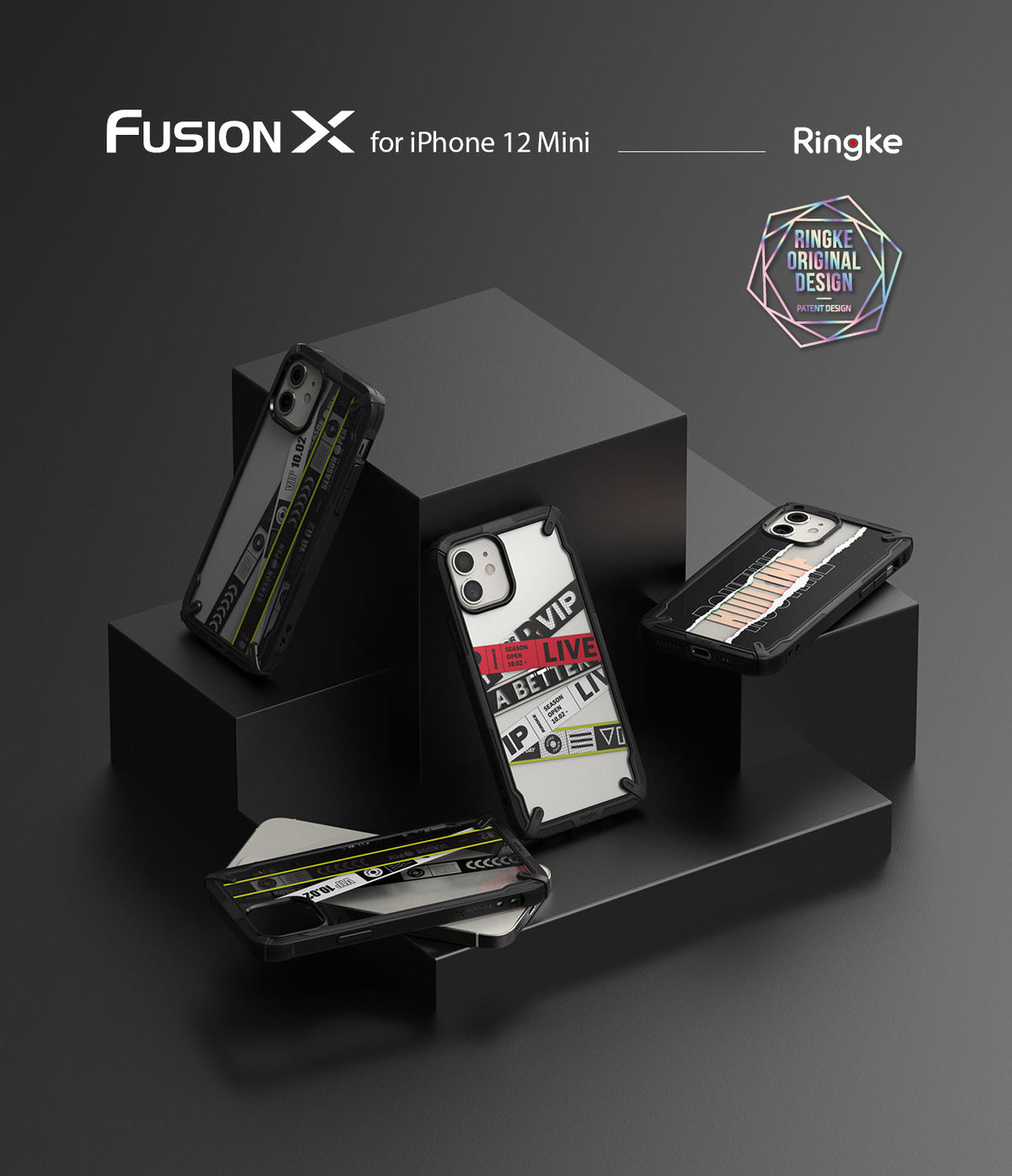 iPhone 12 Mini Case | Fusion-X Design - Four iPhone 12 Mini cases with graphic designs arranged on black geometric blocks.