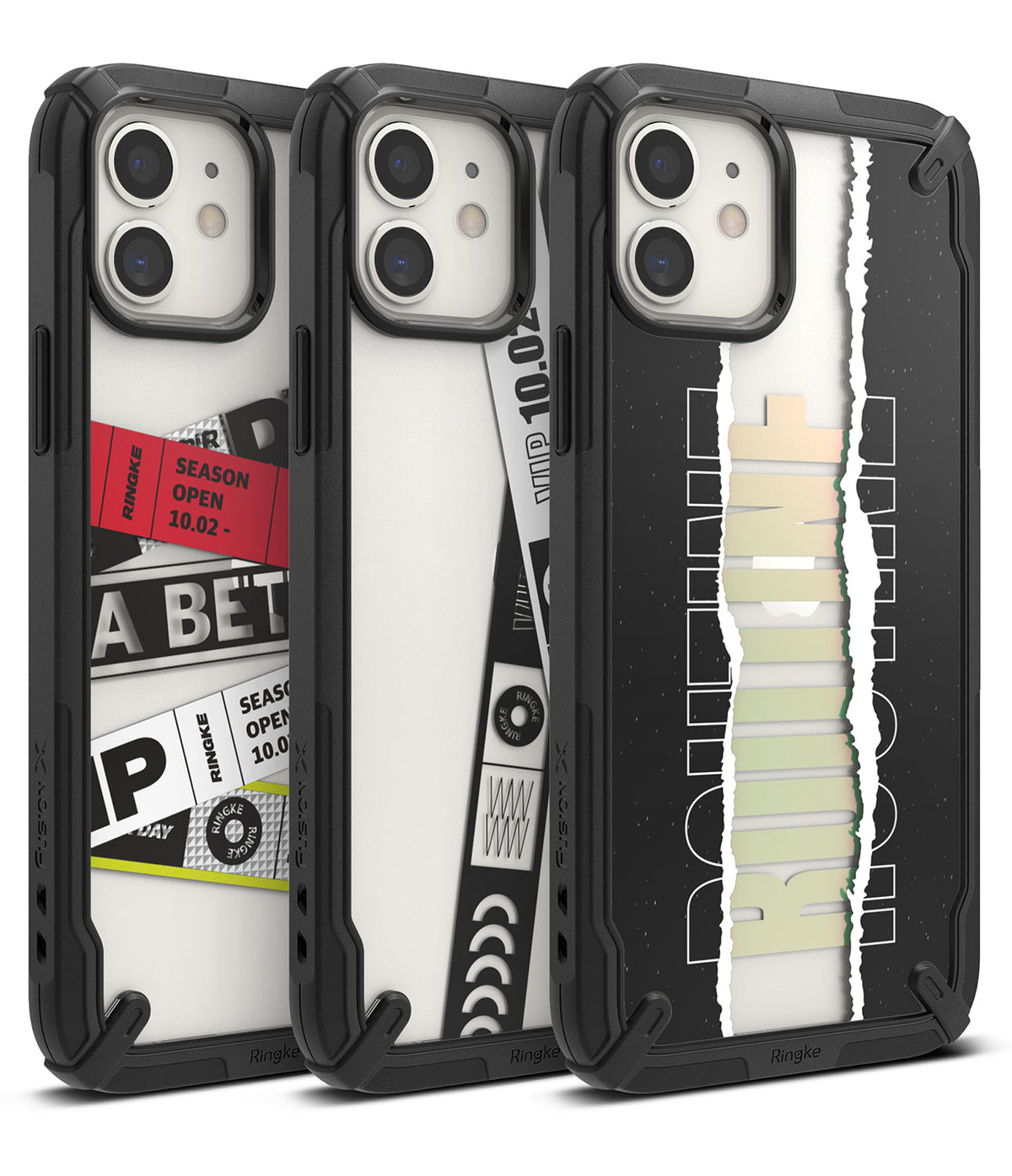 iPhone 12 Mini Case | Fusion-X Design - Three iPhone 12 Mini cases with black bumpers and unique graphic back panels.