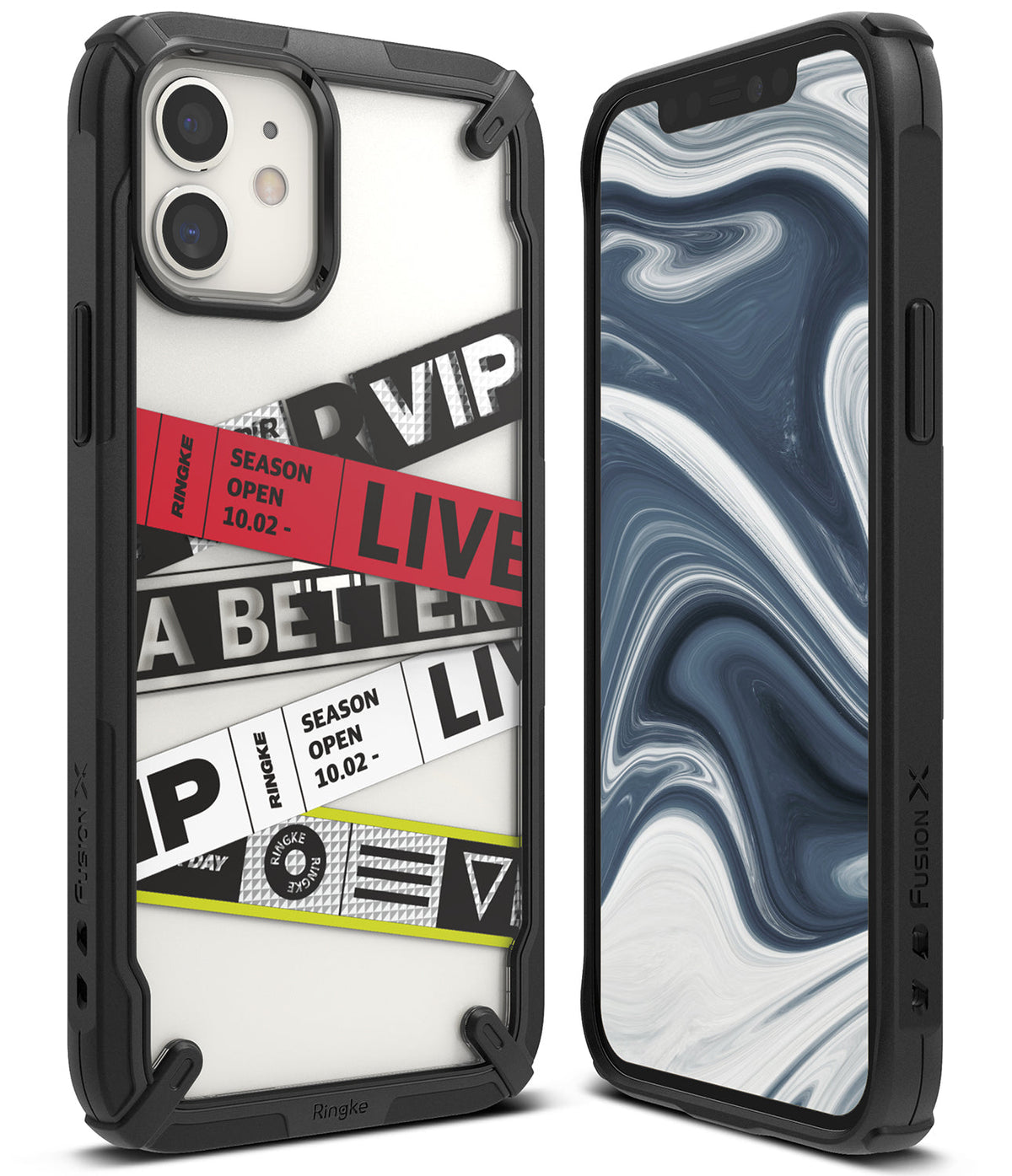 iPhone 12 Mini Case | Fusion-X Design - Rugged black case with a clear back featuring layered ticket-style graphic prints.