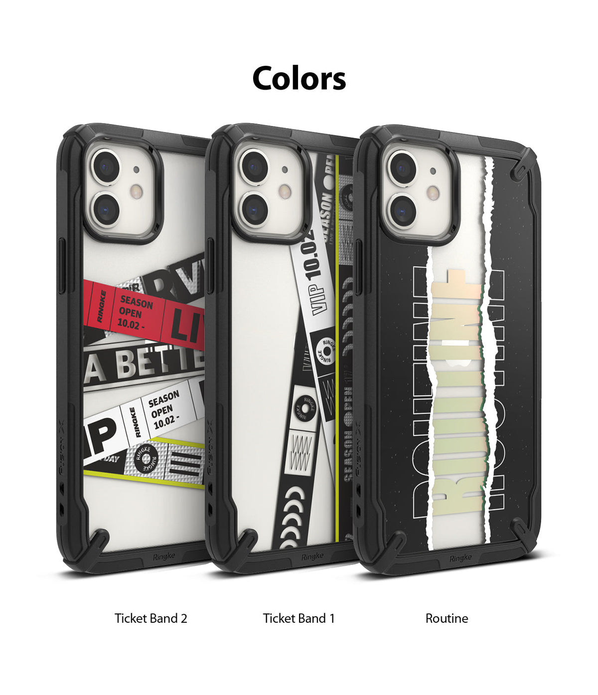 iPhone 12 Mini Case | Fusion-X Design - Three iPhone 12 Mini cases with Ticket Band 2, Ticket Band 1, and Routine graphic designs.