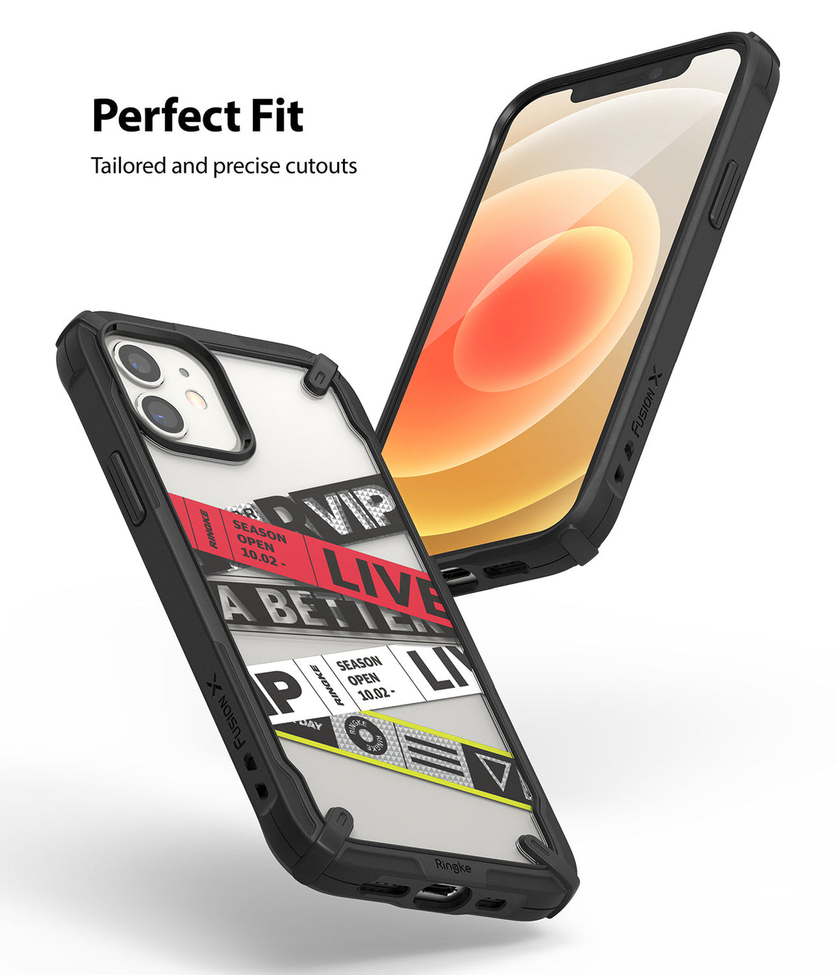 iPhone 12 Mini Case | Fusion-X Design - Clear protective case with black bumper on an iPhone 12 Mini showing precise cutouts.