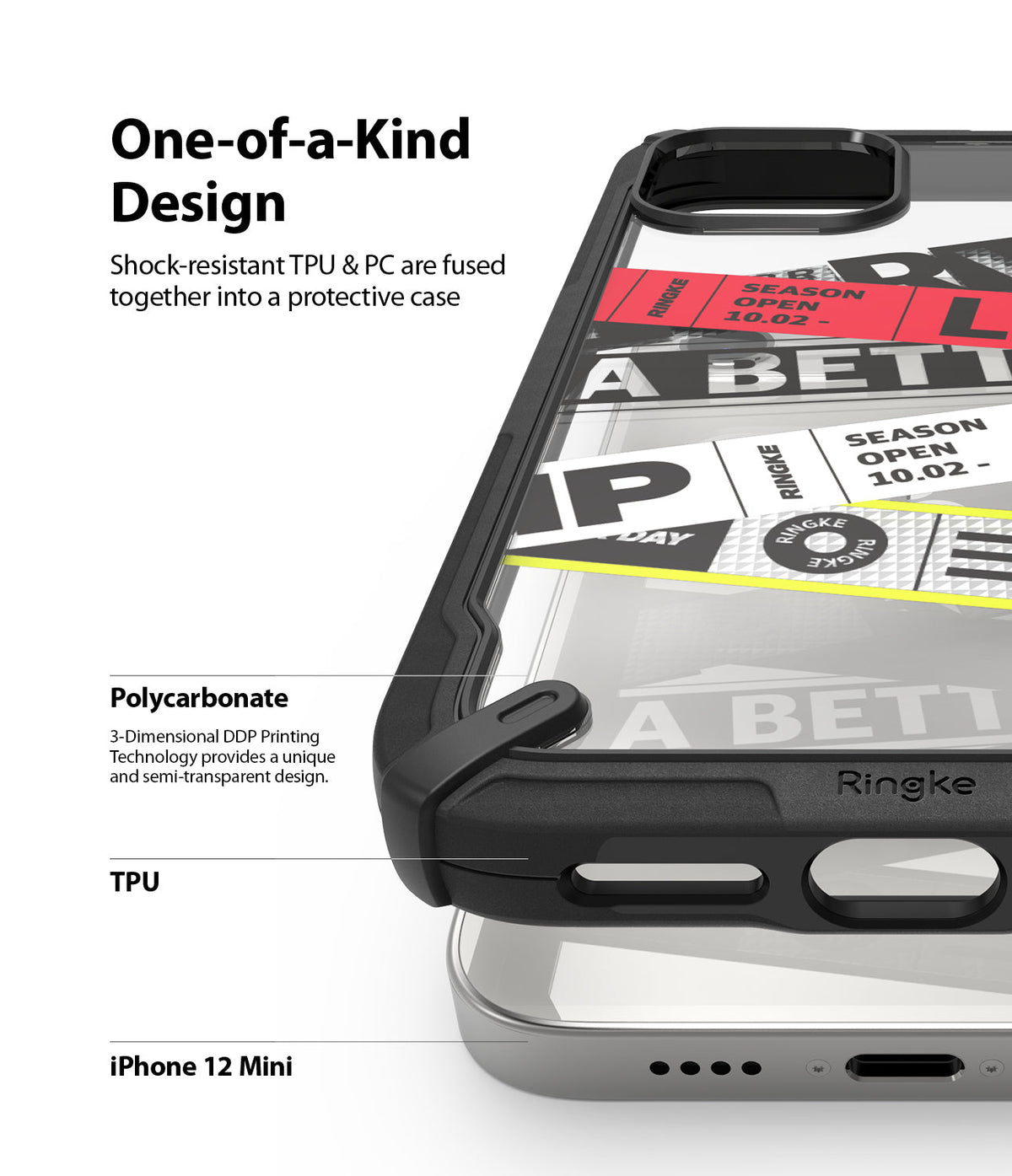 iPhone 12 Mini Case | Fusion-X Design - Close-up of a black protective phone case with a graphic print on a clear back.