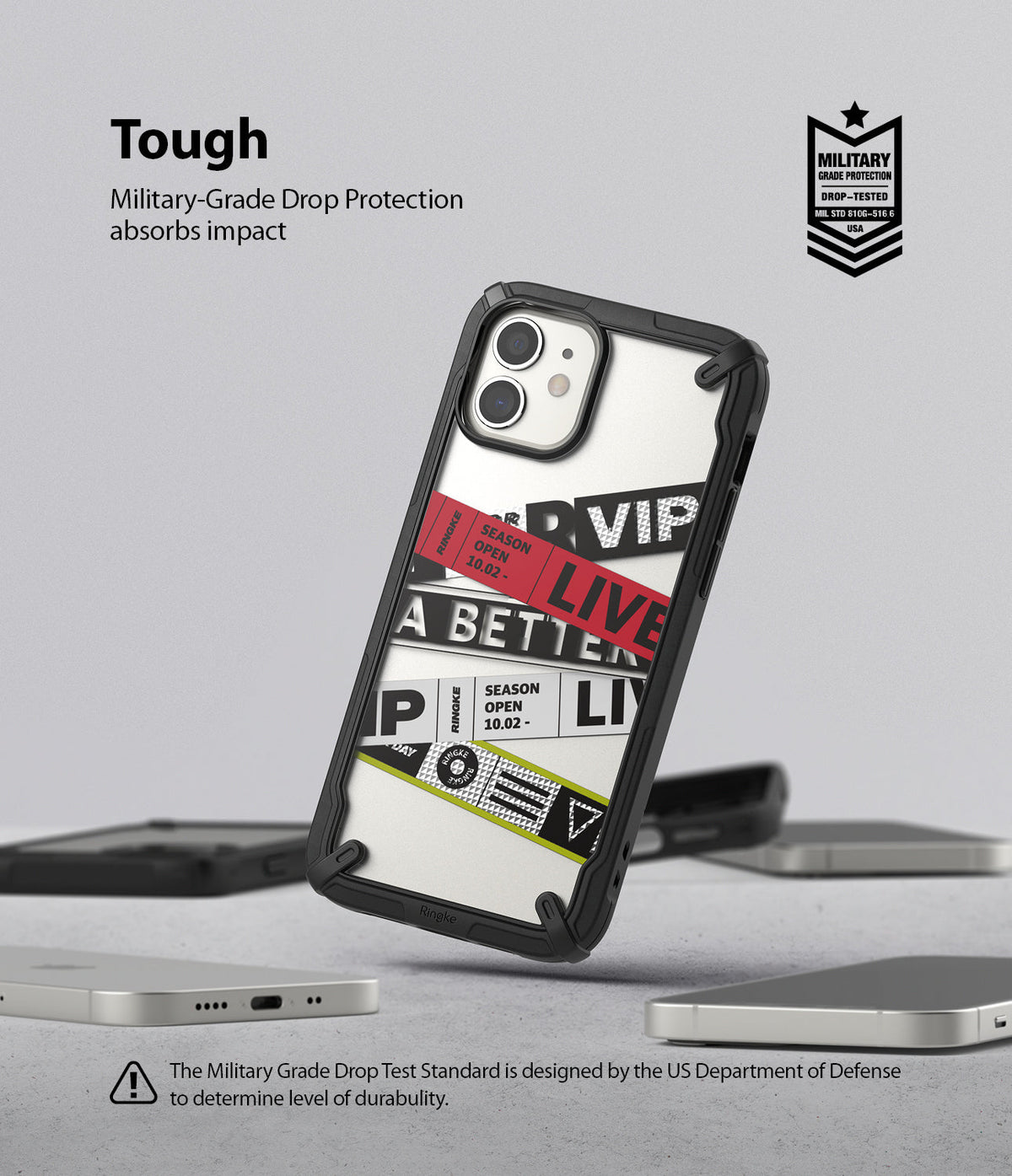 iPhone 12 Mini Case | Fusion-X Design - A clear, rugged iPhone 12 Mini case with graphic stickers on a grey background.