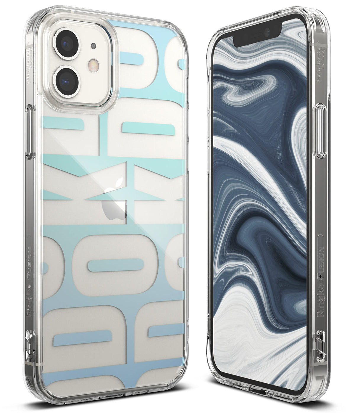iPhone 12 Mini Case | Fusion Design - Clear phone case with light blue typography pattern and marble screen wallpaper.