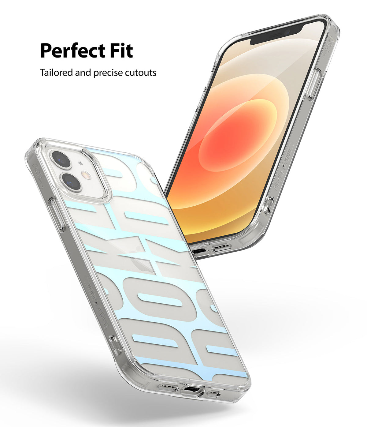 iPhone 12 Mini Case | Fusion Design - Clear phone case with light blue pattern shown from front and back angles.