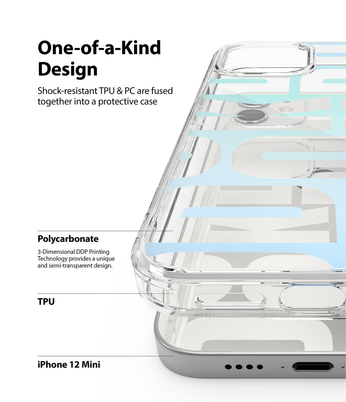 iPhone 12 Mini Case | Fusion Design - Close-up of a clear phone case with light blue graphics, highlighting TPU and PC layers.