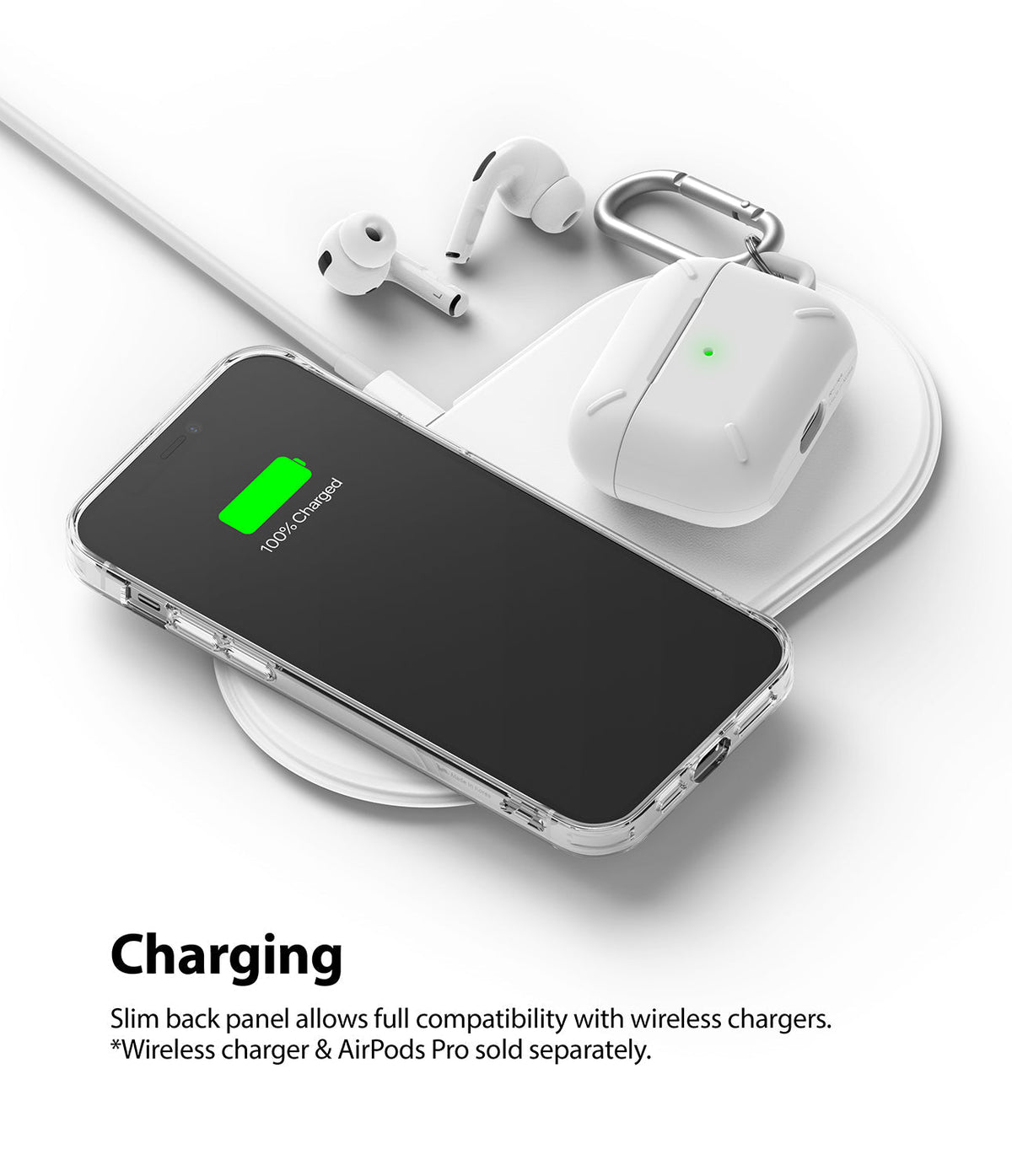 iPhone 12 Mini Case | Fusion Design - iPhone 12 Mini in a clear case charging wirelessly alongside AirPods Pro on a pad.