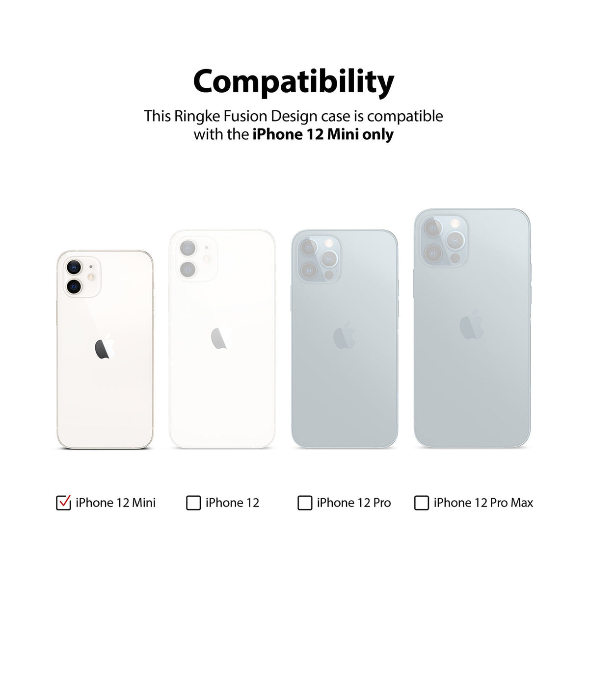 iPhone 12 Mini Case | Fusion Design - Compatibility chart showing iPhone 12 Mini selected among other iPhone 12 models.