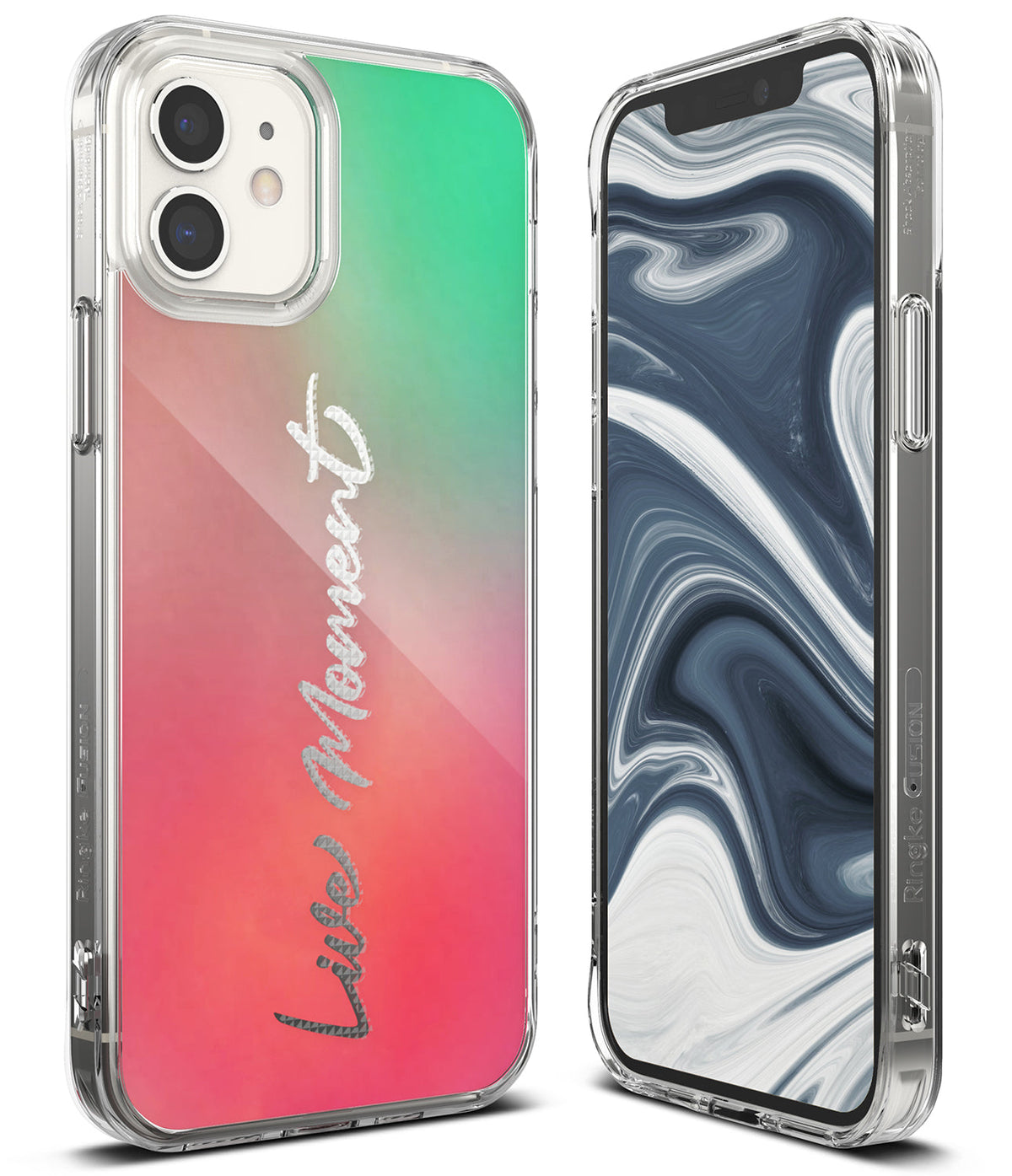 iPhone 12 Mini Case | Fusion Design - Clear phone case with pink-to-green gradient back and Life Moment text.