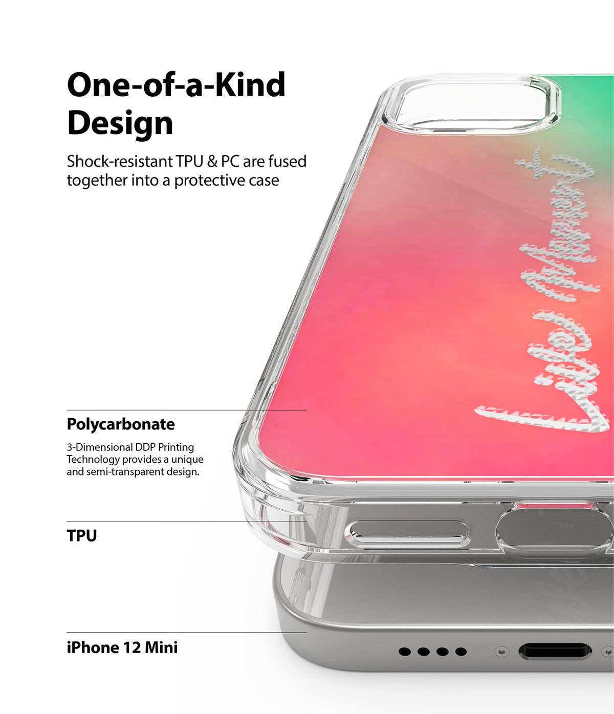 iPhone 12 Mini Case | Fusion Design - Clear phone case with a pink and green gradient back and white script text.