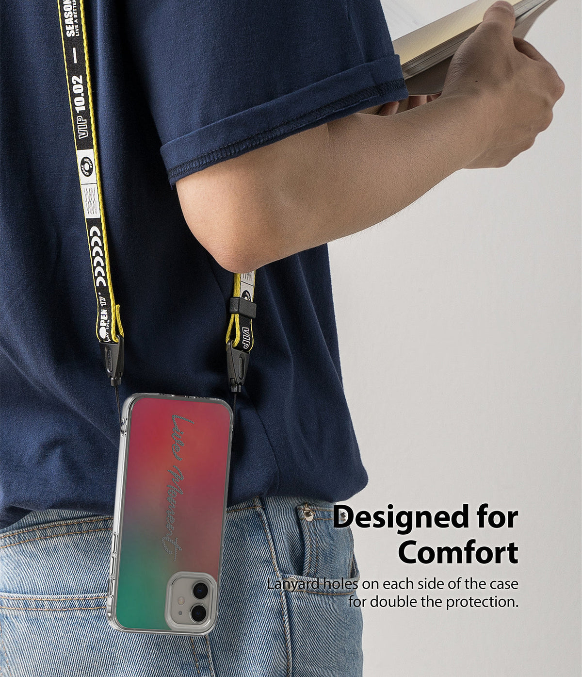 iPhone 12 Mini Case | Fusion Design - Person wearing a phone case with a colorful gradient back and a yellow branded lanyard.