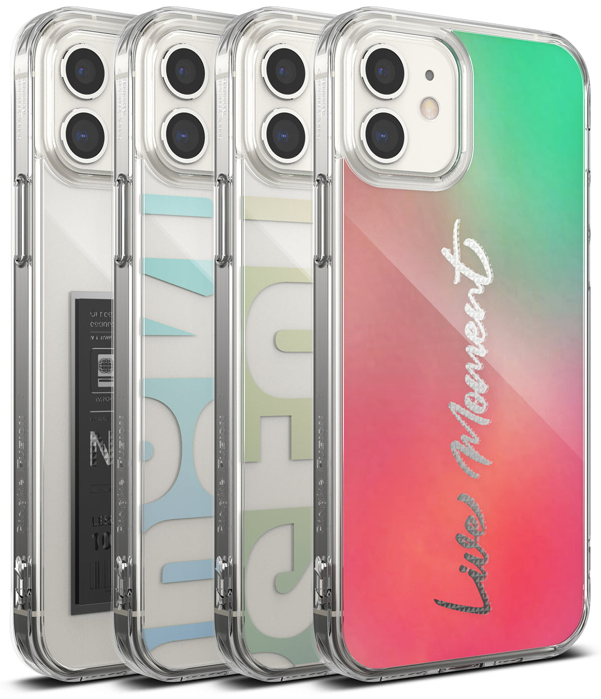 iPhone 12 Mini Case | Fusion Design - Four clear phone cases with varied back designs, including gradient and text.