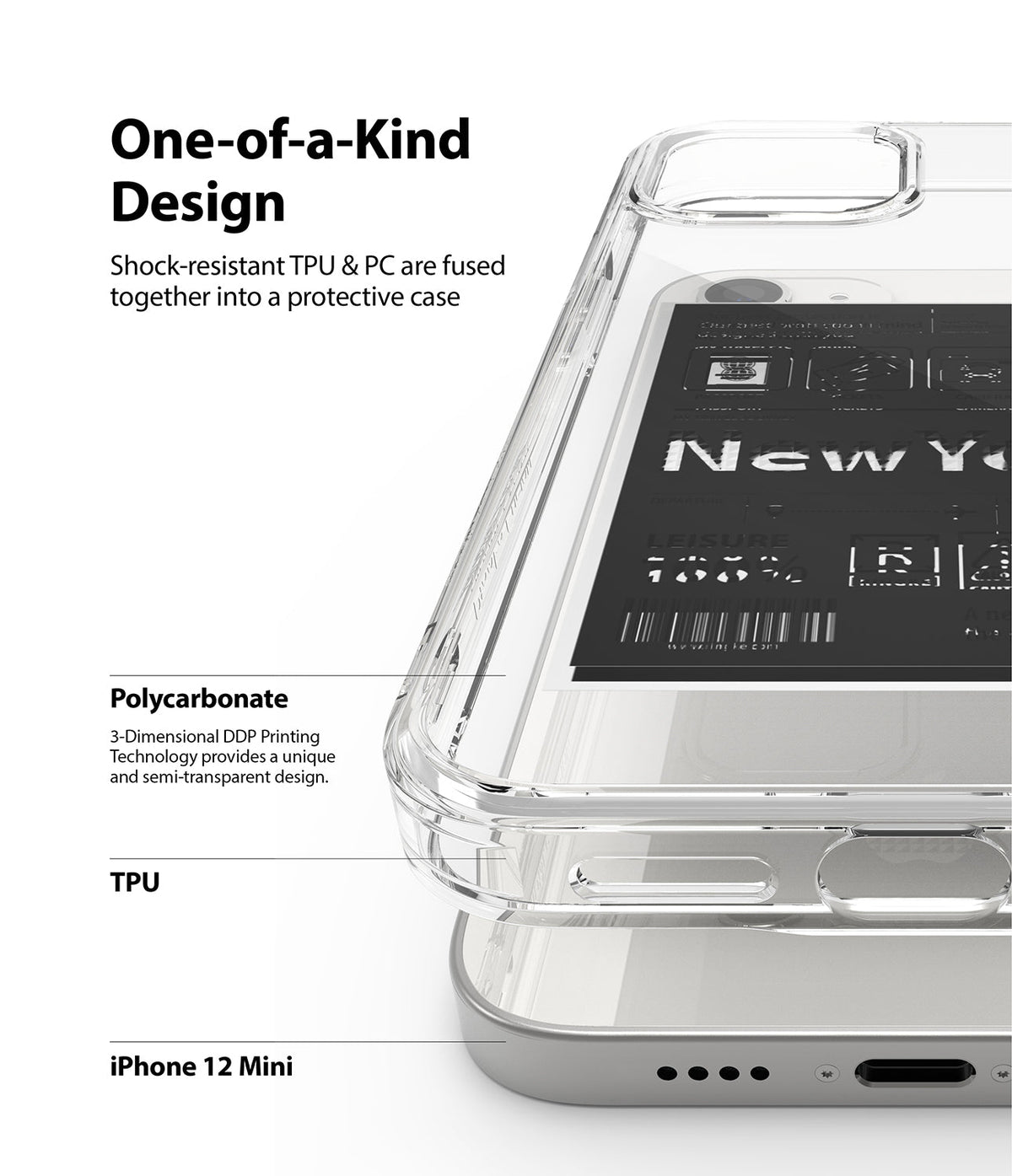 iPhone 12 Mini Case | Fusion Design - Clear protective case showing TPU and polycarbonate layers with New York graphic.