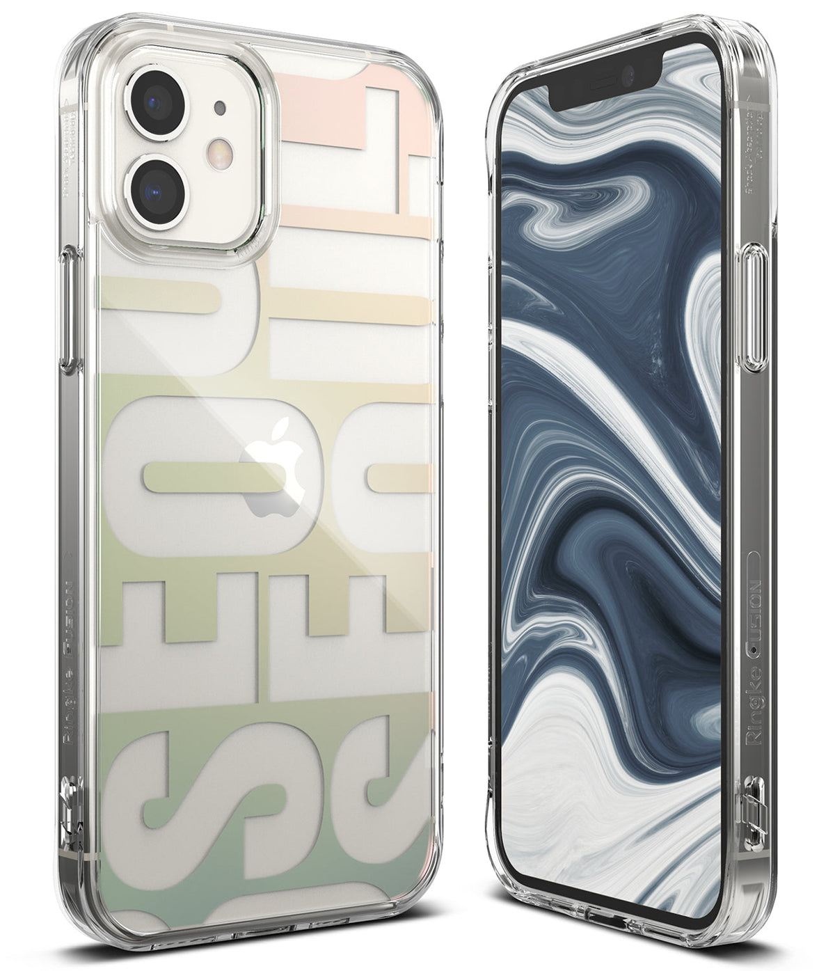 iPhone 12 Mini Case | Fusion Design - Clear phone case with pastel Seoul typography and a marble-patterned screen.