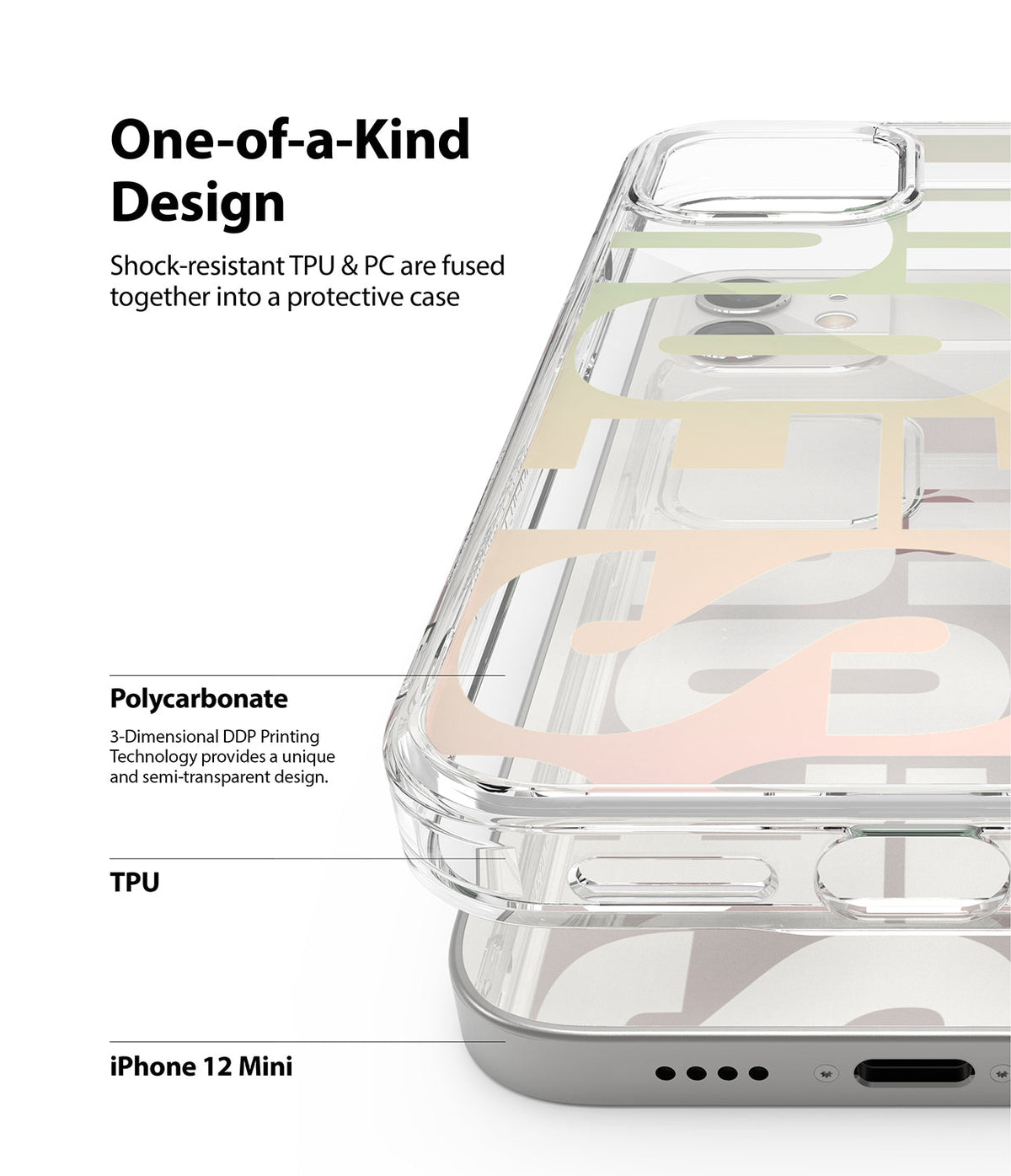 iPhone 12 Mini Case | Fusion Design - Clear phone case with pastel graphic print, highlighting TPU and polycarbonate layers.