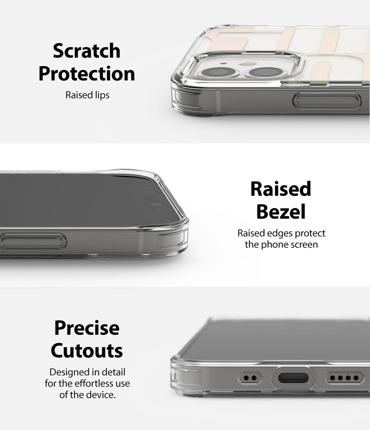 iPhone 12 Mini Case | Fusion Design - Three close-up views showing raised camera lips, screen bezels, and precise port cutouts.