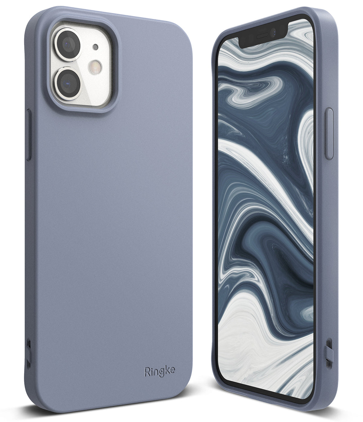 iPhone 12 Mini Case | Air-S - Matte lavender-blue phone case shown from back and front with a marble-patterned screen display.