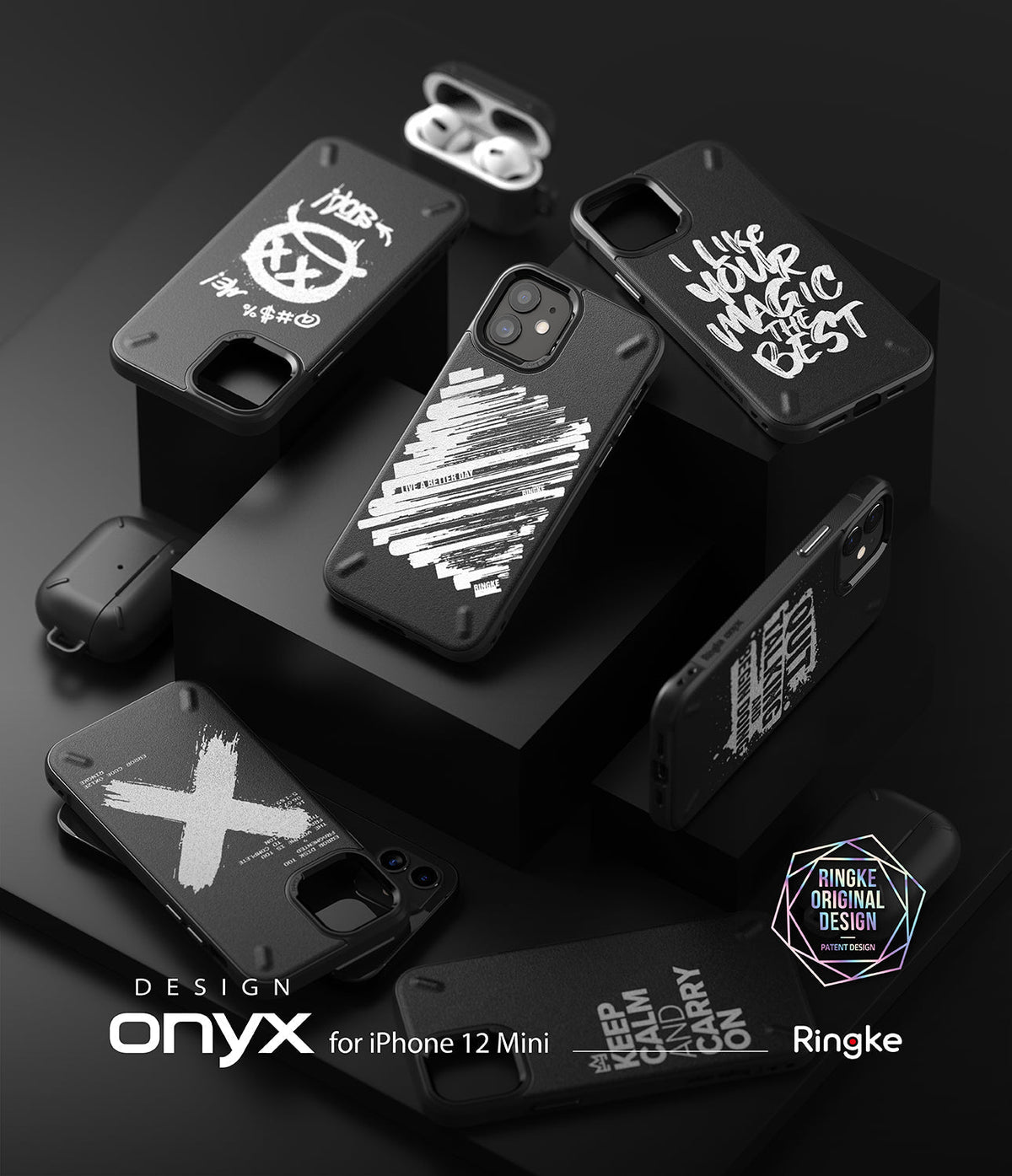 iPhone 12 Mini Case | Onyx Design - Several black phone cases with unique white graphic prints arranged on black blocks.