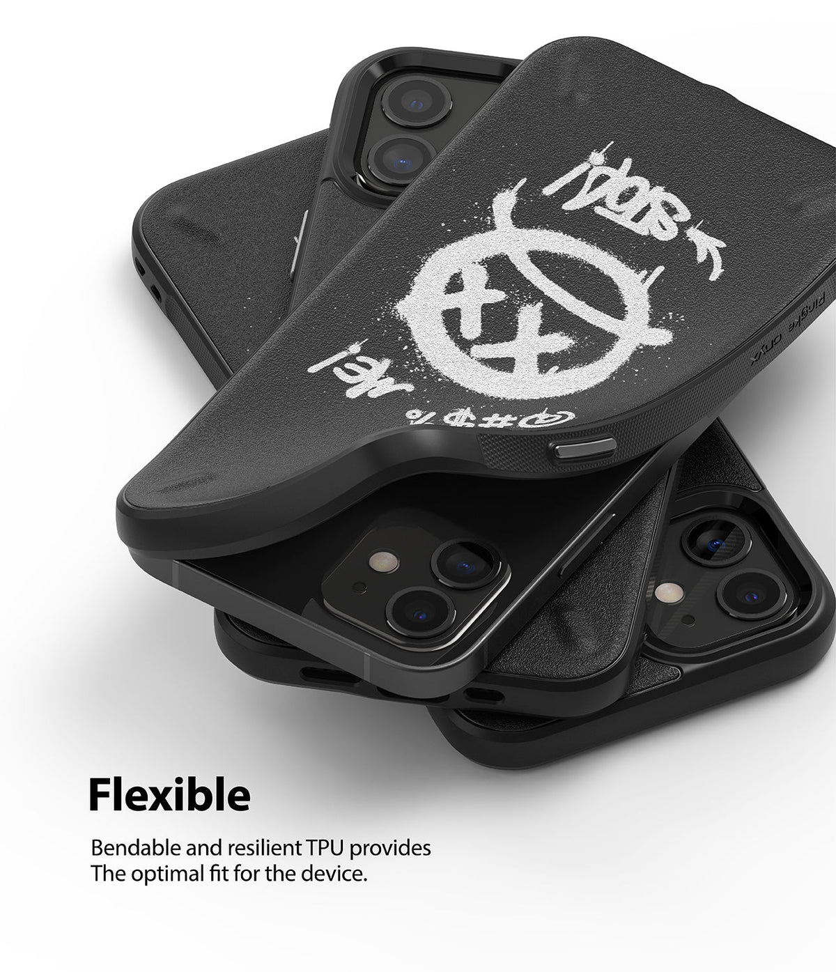 iPhone 12 Mini Case | Onyx Design - Flexible black phone cases stacked, one showing a white graffiti-style skull graphic.