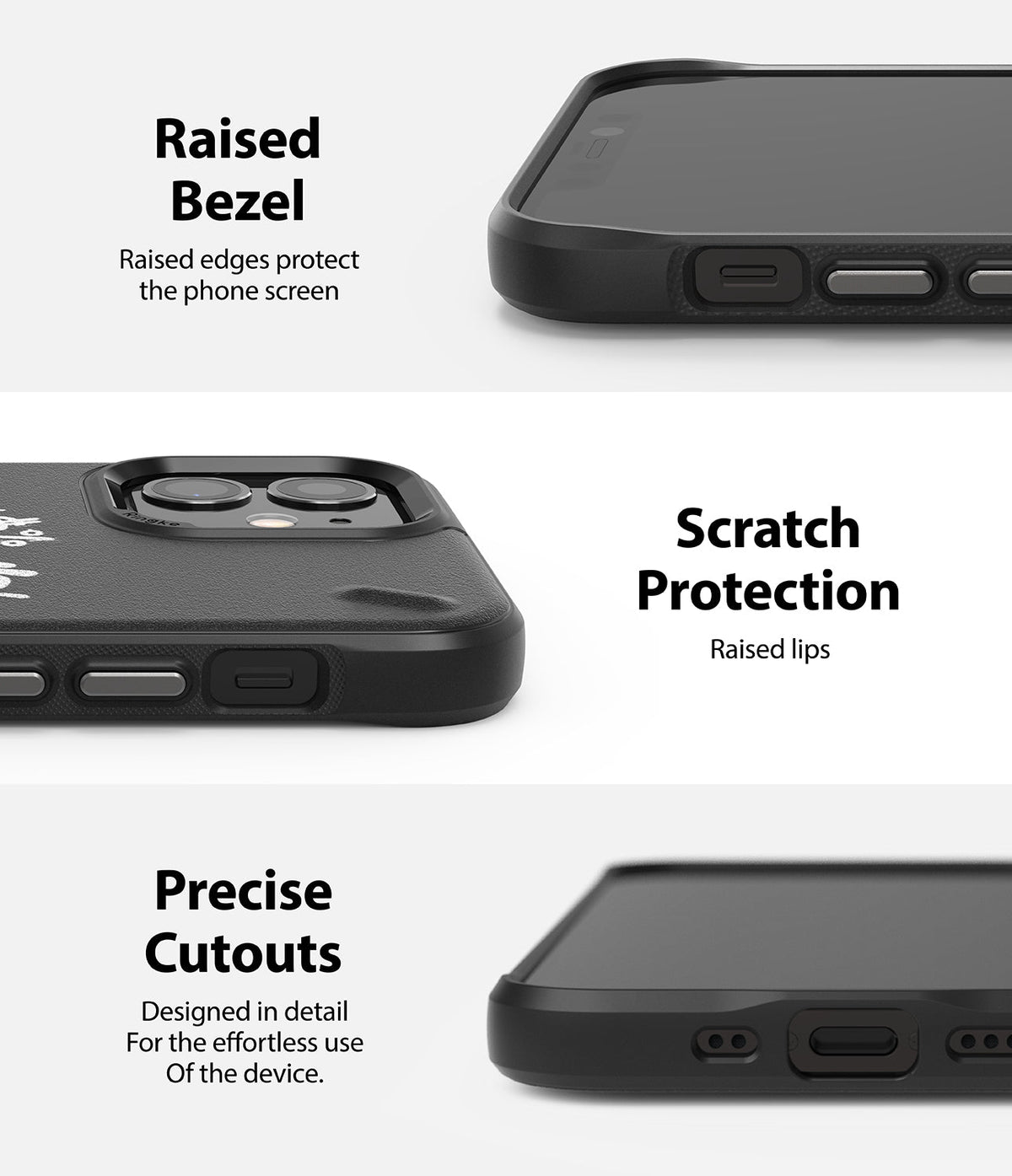 iPhone 12 Mini Case | Onyx Design - Close-ups of a black phone case showing raised screen bezels, camera protection, and precise port cutouts.
