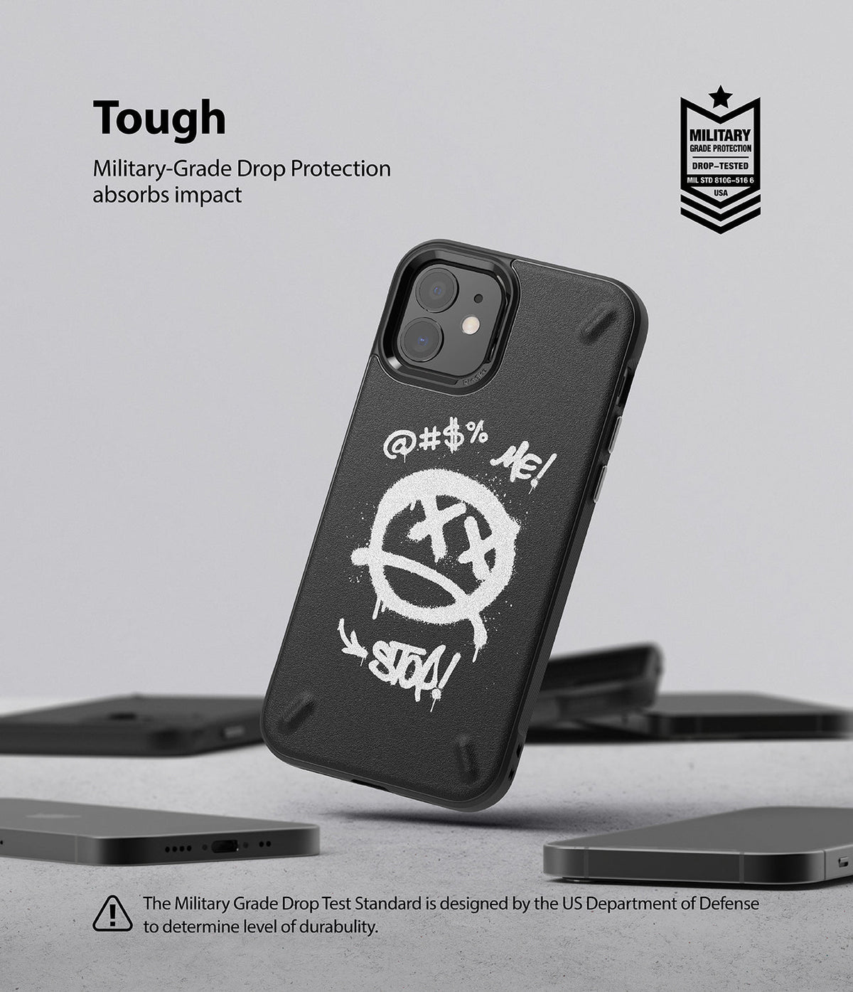 iPhone 12 Mini Case | Onyx Design - Black phone case with white graffiti art featuring a sad face and text on a gray background.