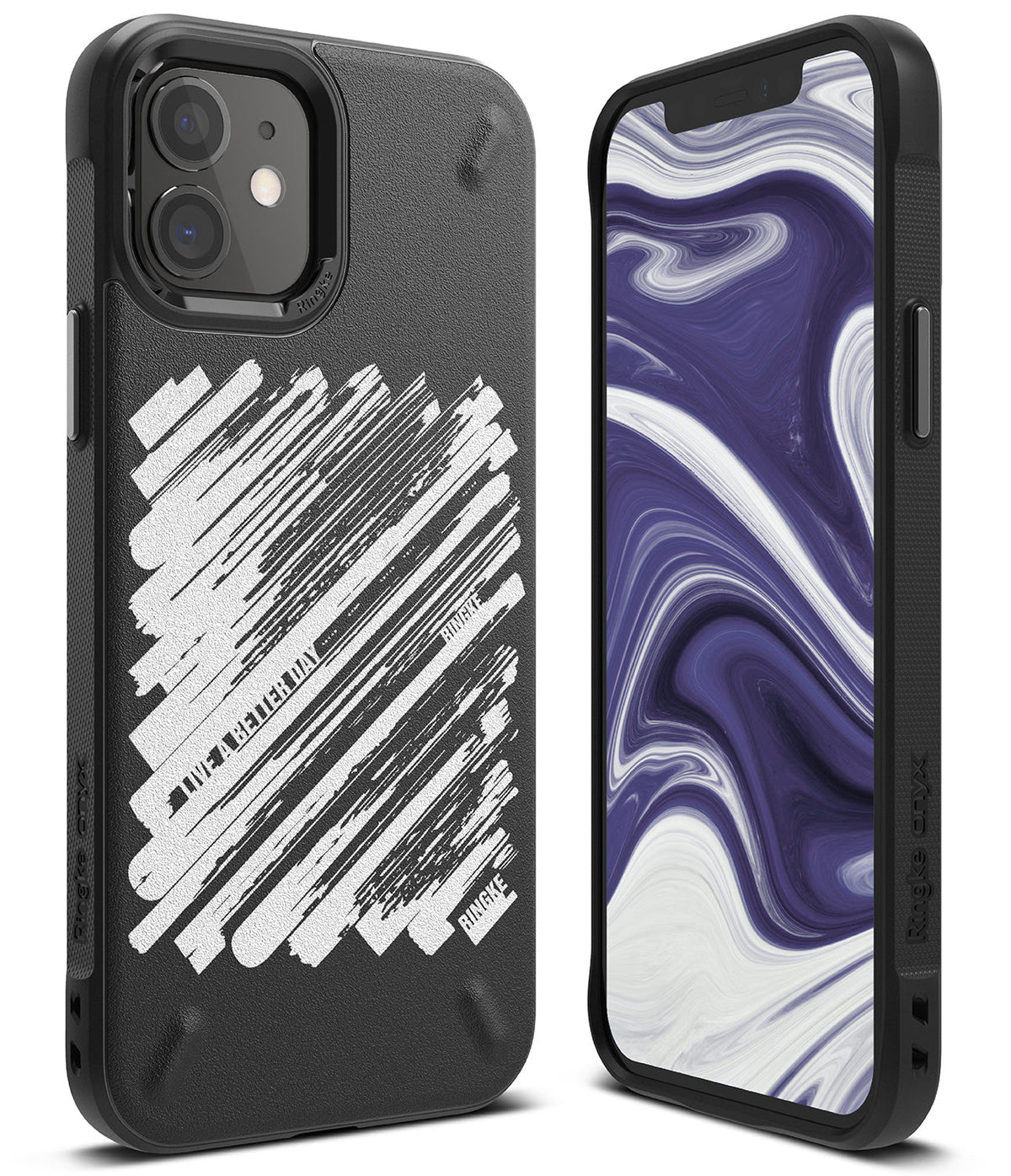 iPhone 12 Mini Case | Onyx Design - Black phone case with white diagonal brush strokes and text on a phone with marble wallpaper.
